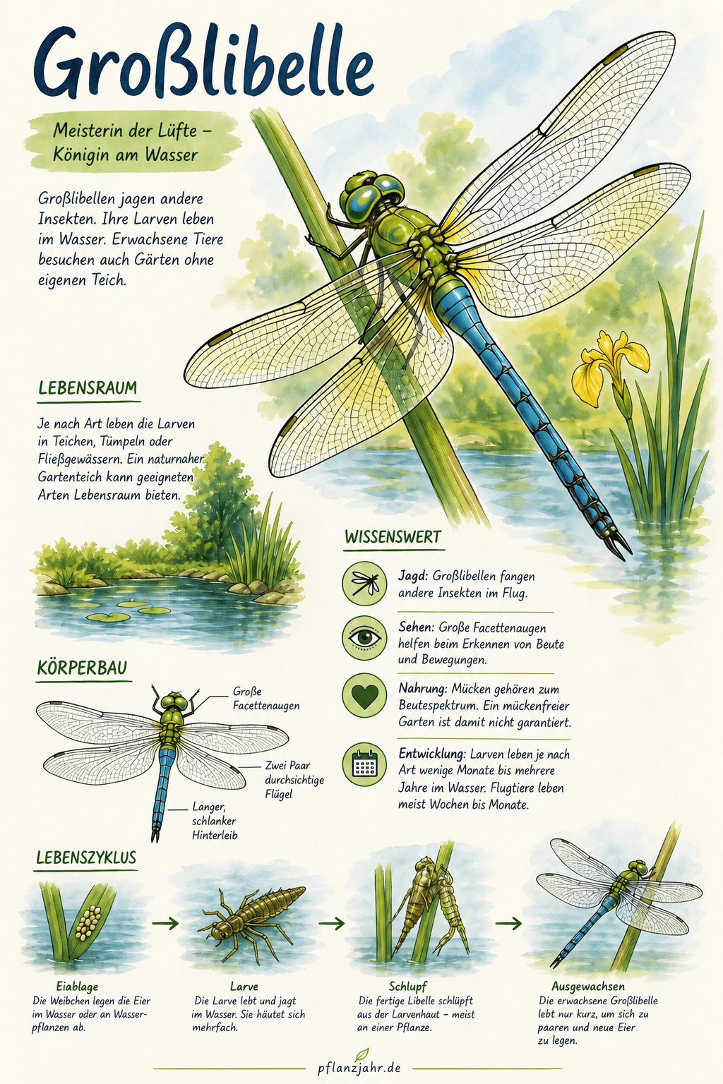 Schematische Infografik zu Großlibellen: Körperbau, Wasserlebensräume, räuberische Ernährung und Entwicklung vom Ei über die Larve zum Flugtier
