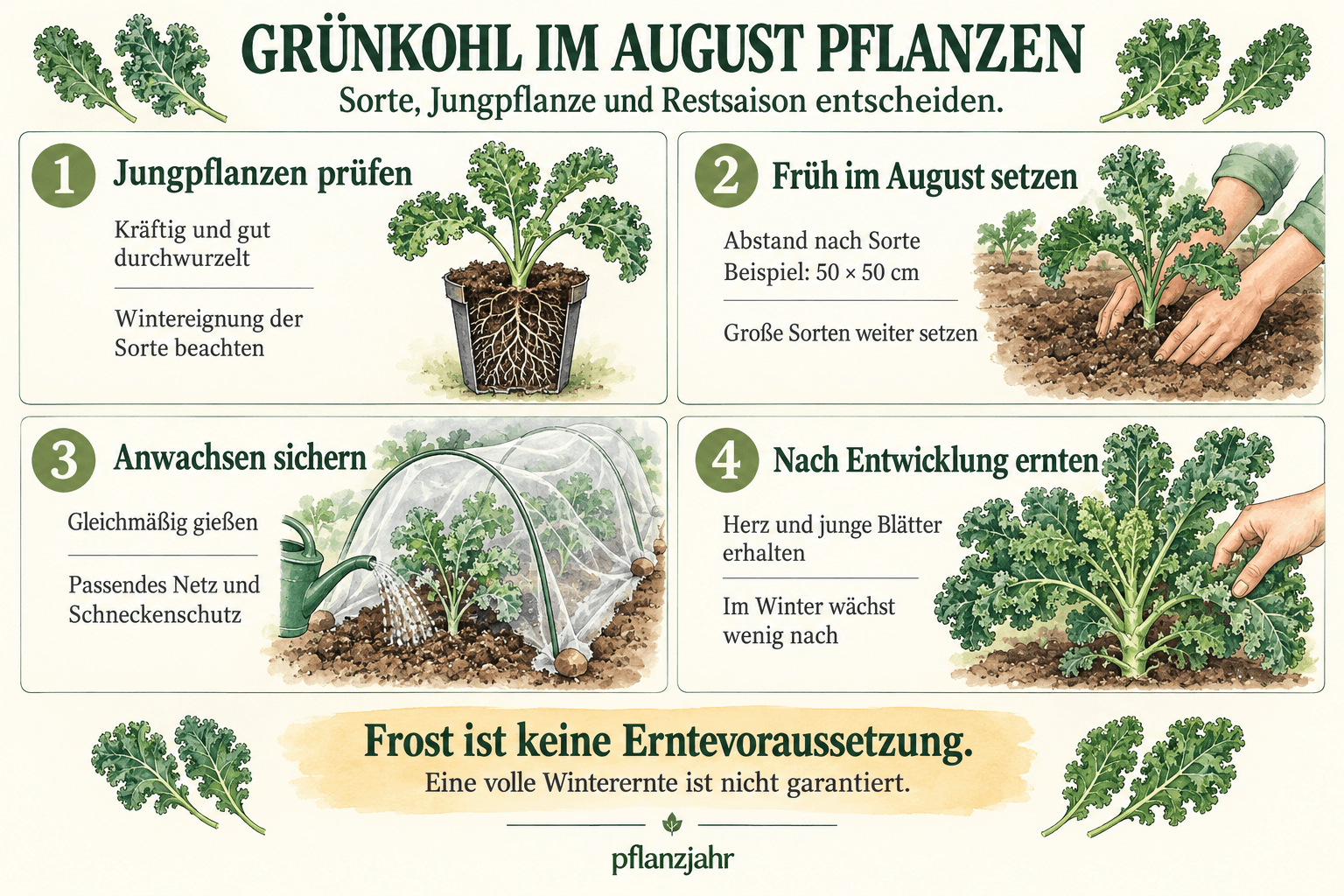 Grünkohl im August pflanzen: kräftige Jungpflanzen prüfen, früh nach Sortenabstand setzen, Anwachsen sichern und nach Entwicklung ernten. Eine volle Winterernte ist nicht garantiert.