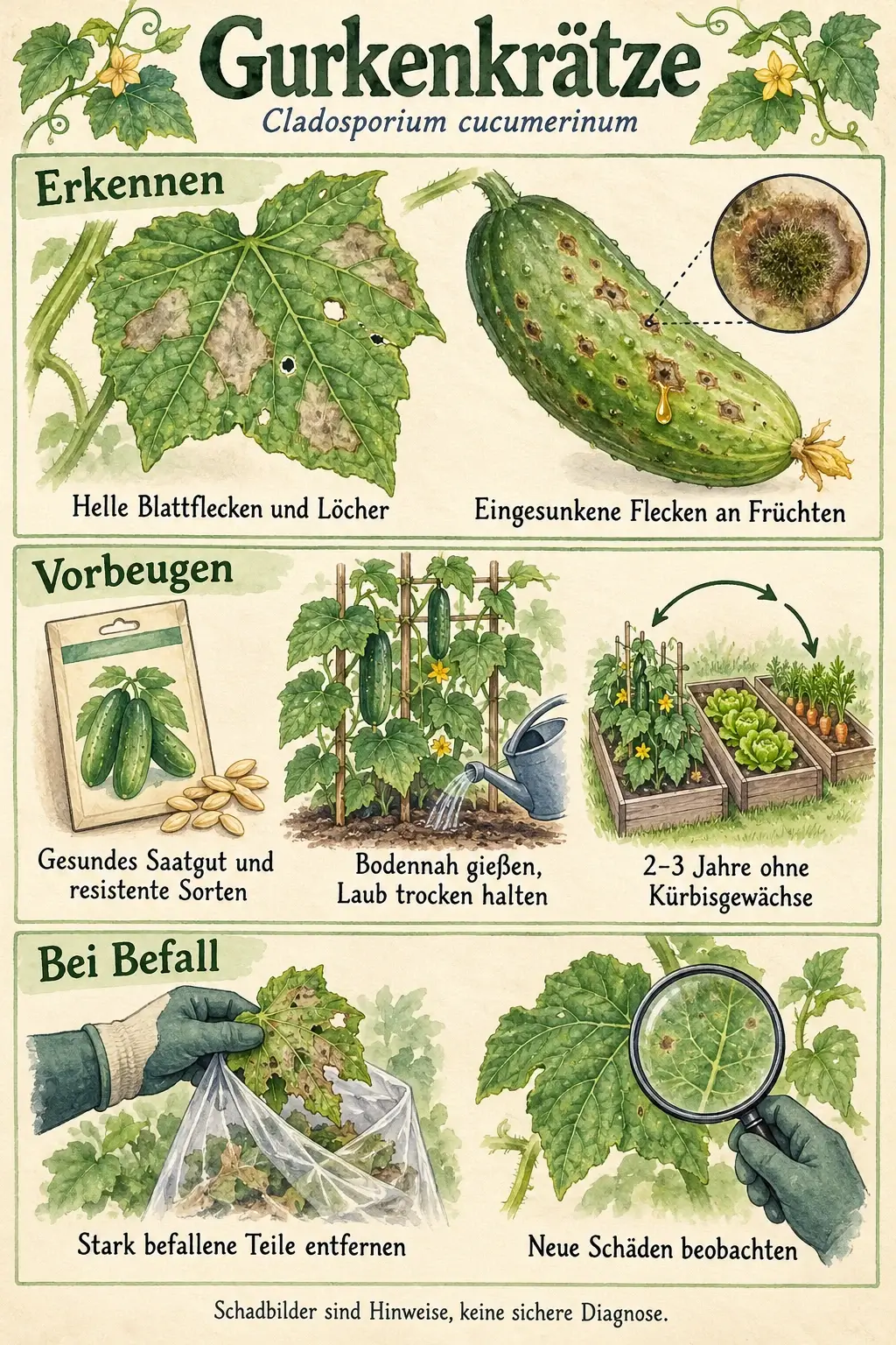 Infografik zur Gurkenkrätze: helle Blattflecken und eingesunkene Fruchtstellen erkennen, gesundes Saatgut und resistente Sorten wählen, bodennah gießen, Anbaupause einhalten und neue Schäden beobachten
