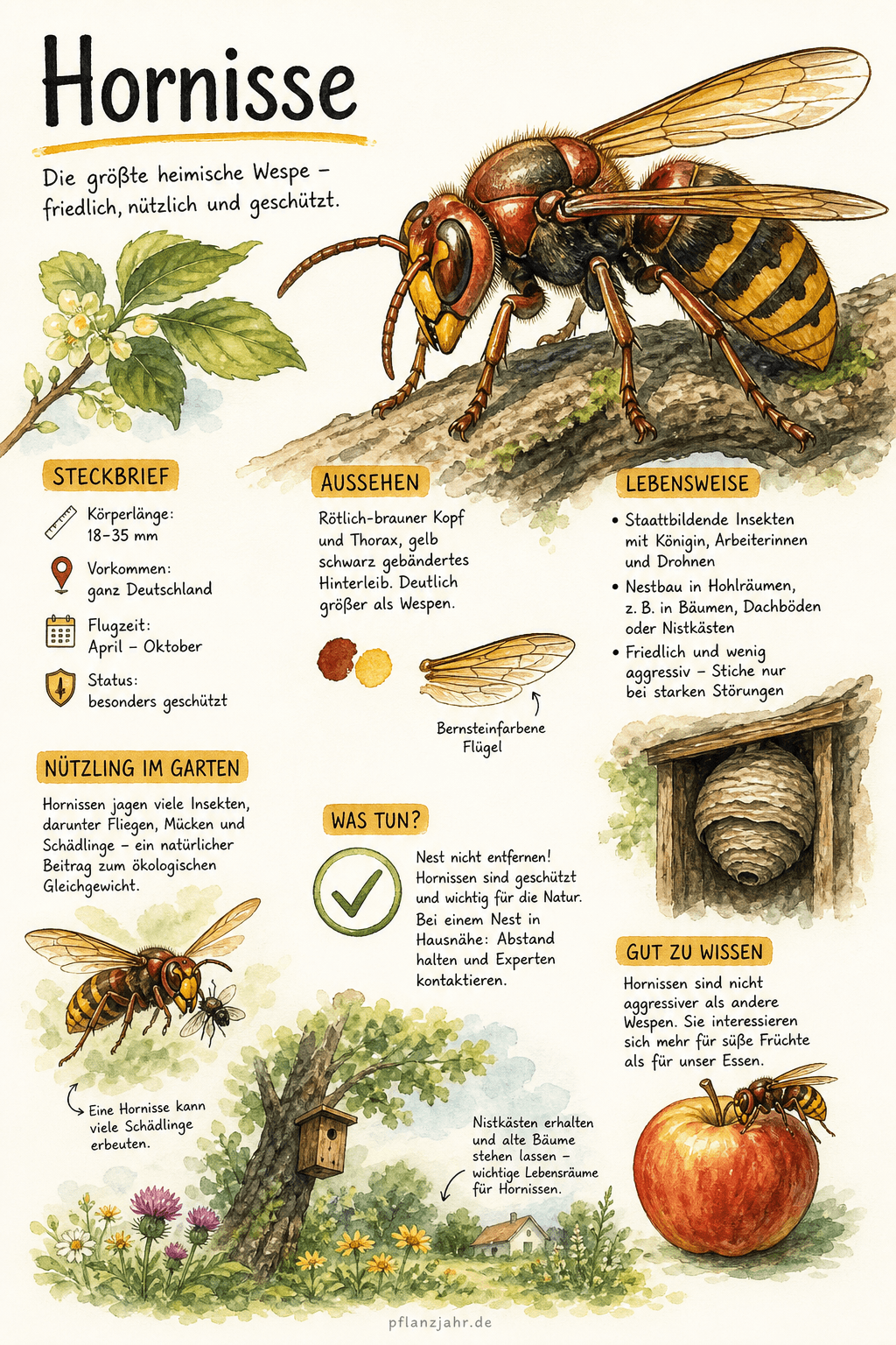 Illustrative Übersicht zur Europäischen Hornisse mit gelb-schwarzem Hinterleib, rotbraunen Kopf- und Brustpartien, Nest und Nahrung