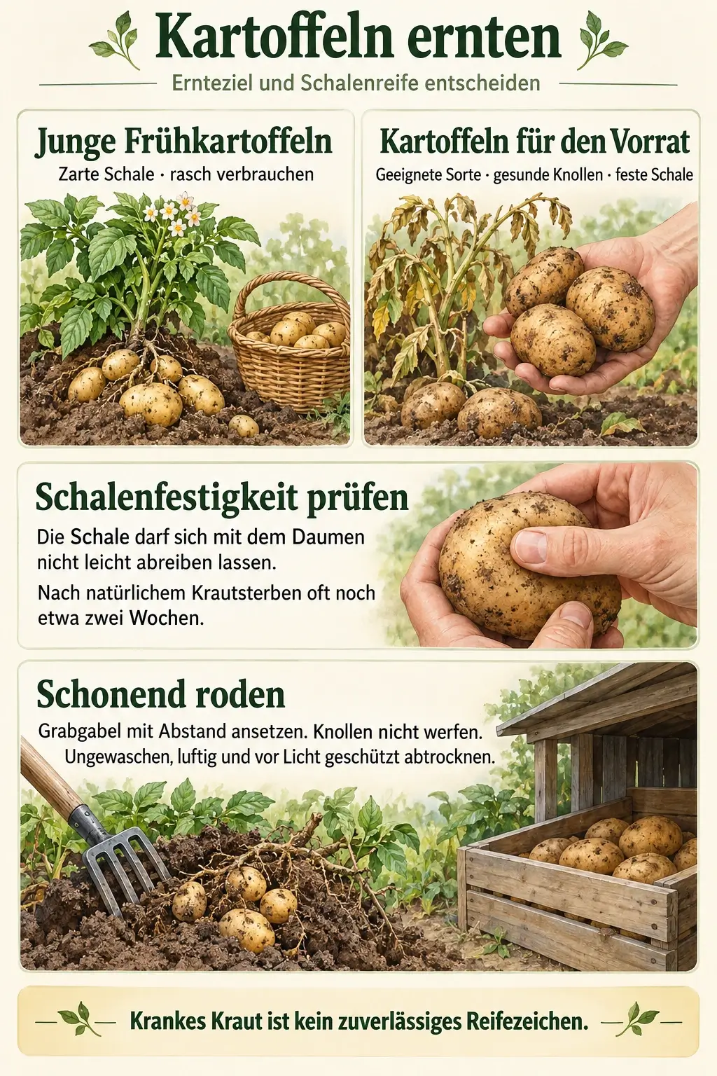 Kartoffeln ernten: junge Frühkartoffeln rasch verbrauchen, für den Vorrat gesunde schalenfeste Knollen wählen, die Schale mit dem Daumen prüfen und mit der Grabgabel schonend roden. Krankes Kraut ist kein zuverlässiges Reifezeichen.
