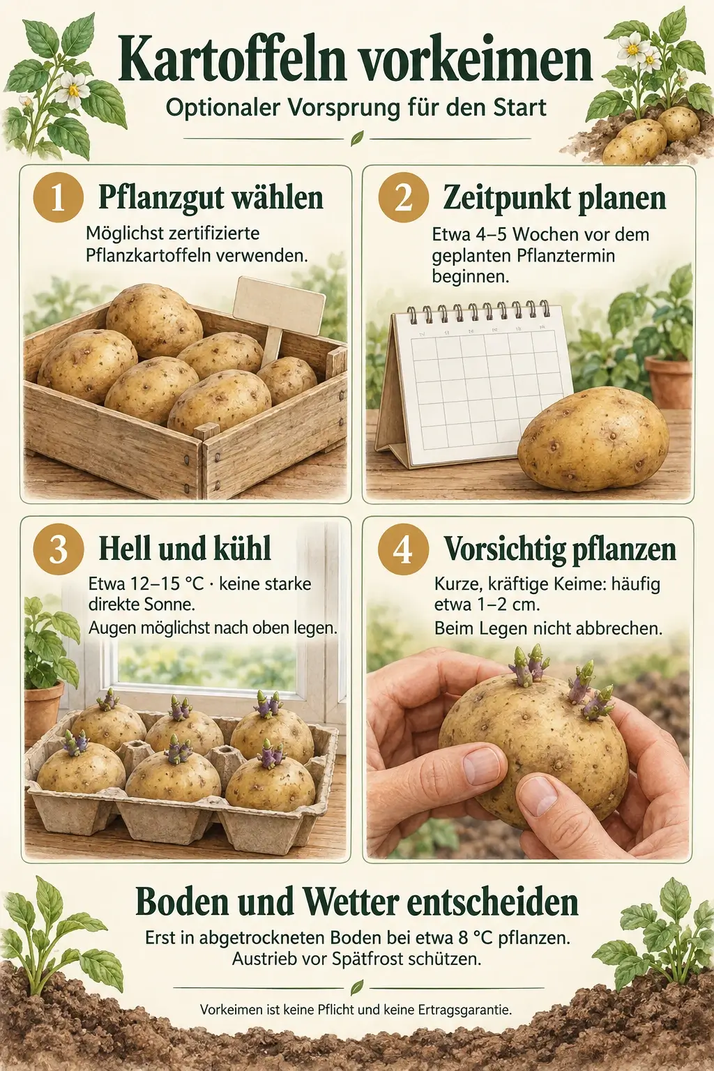 Kartoffeln optional vorkeimen: möglichst zertifiziertes Pflanzgut verwenden, etwa 4–5 Wochen vorher bei 12–15 °C hell auslegen und kurze, kräftige Keime beim Pflanzen vorsichtig behandeln. Abgetrockneten Boden und Spätfrost beachten.