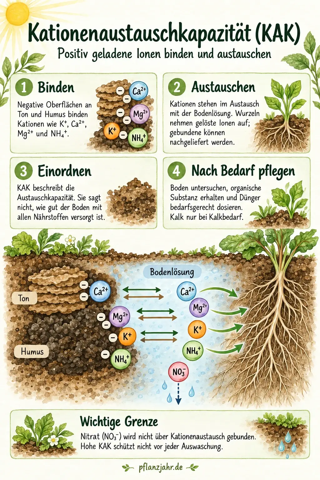 KAK im Überblick: Ton und Humus binden Kationen und tauschen sie mit der Bodenlösung aus. Wurzeln nehmen gelöste Ionen auf. Nitrat wird nicht über Kationenaustausch gebunden; Dünger und Kalk bleiben bedarfsabhängig.
