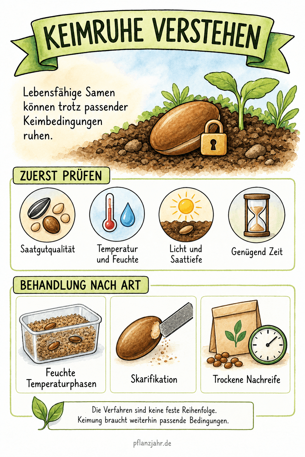 Keimruhe verstehen: zuerst Saatgutqualität, Bedingungen und Beobachtungszeit prüfen; anschließend artspezifische Verfahren wie feuchte Temperaturphasen, Skarifikation oder trockene Nachreife wählen