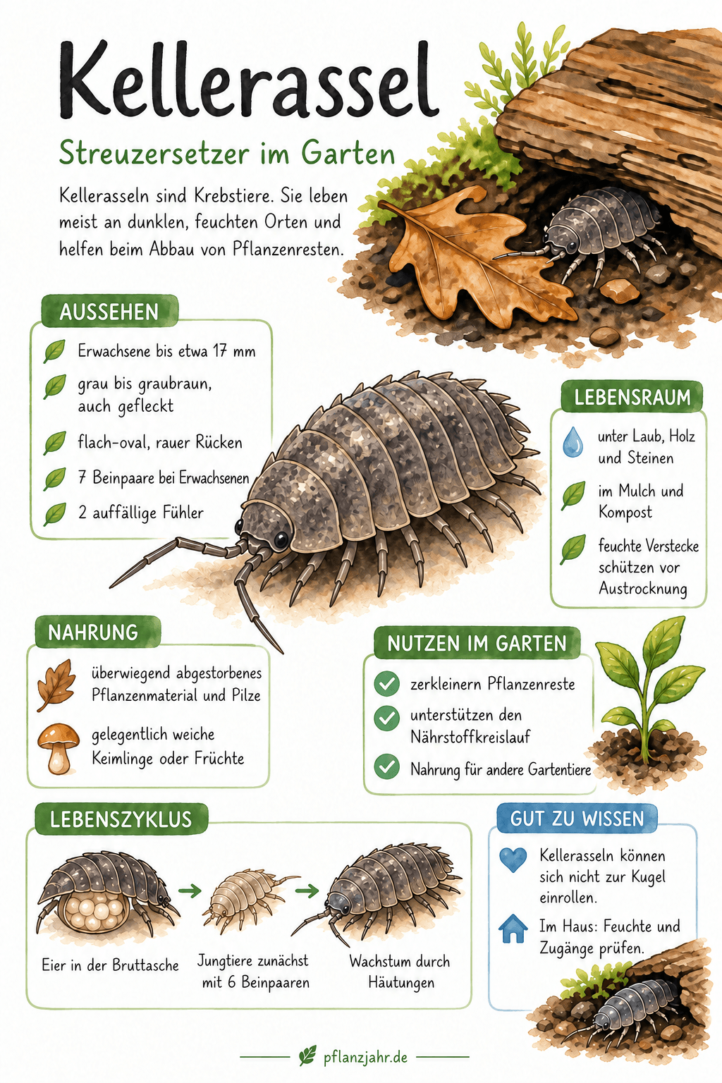 Infografik zur Kellerassel: rauer Rücken, sieben Beinpaare bei Erwachsenen, sechs bei frühen Jungtieren, Streuzersetzung und kein Einrollen zur Kugel