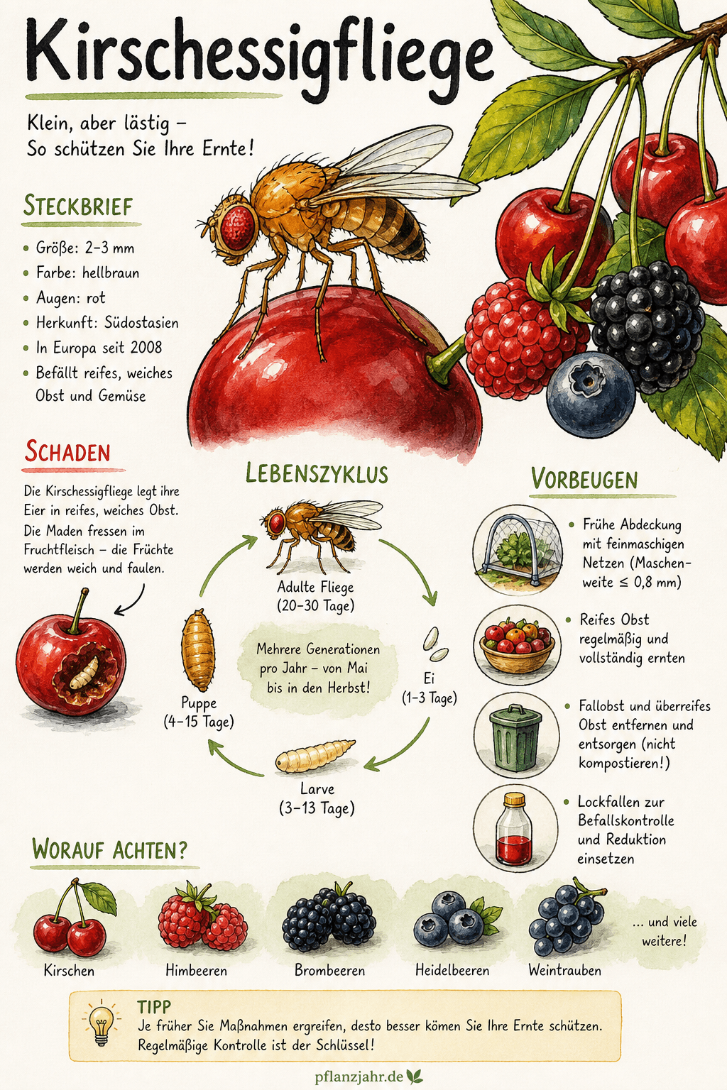 Infografik: Kirschessigfliege — die Made in der gesunden, reifen Frucht