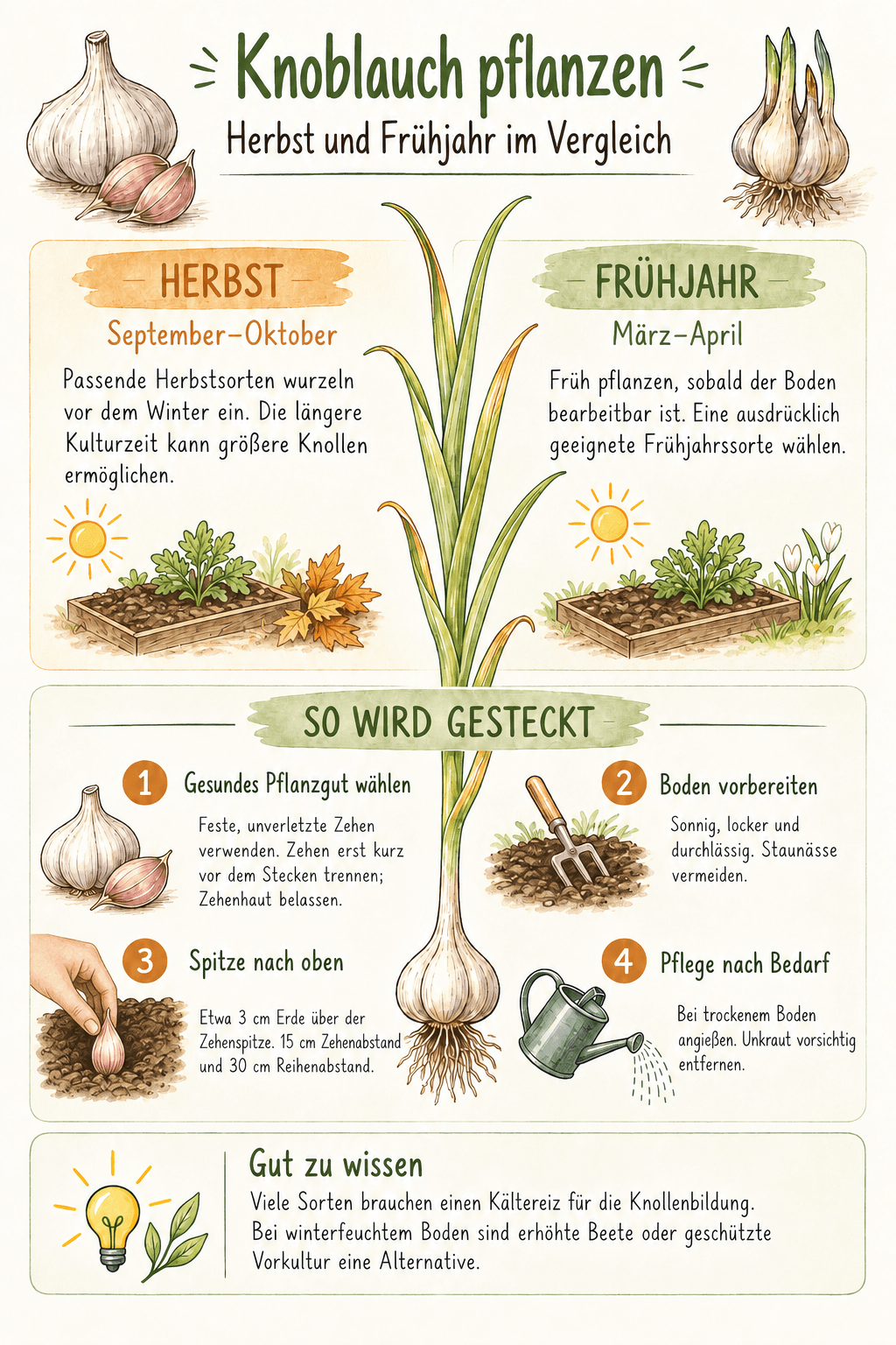 Herbst- und Frühjahrspflanzung von Knoblauch: gesunde Zehen wählen, Spitze nach oben setzen und 15 cm Zehenabstand sowie 30 cm Reihenabstand einhalten
