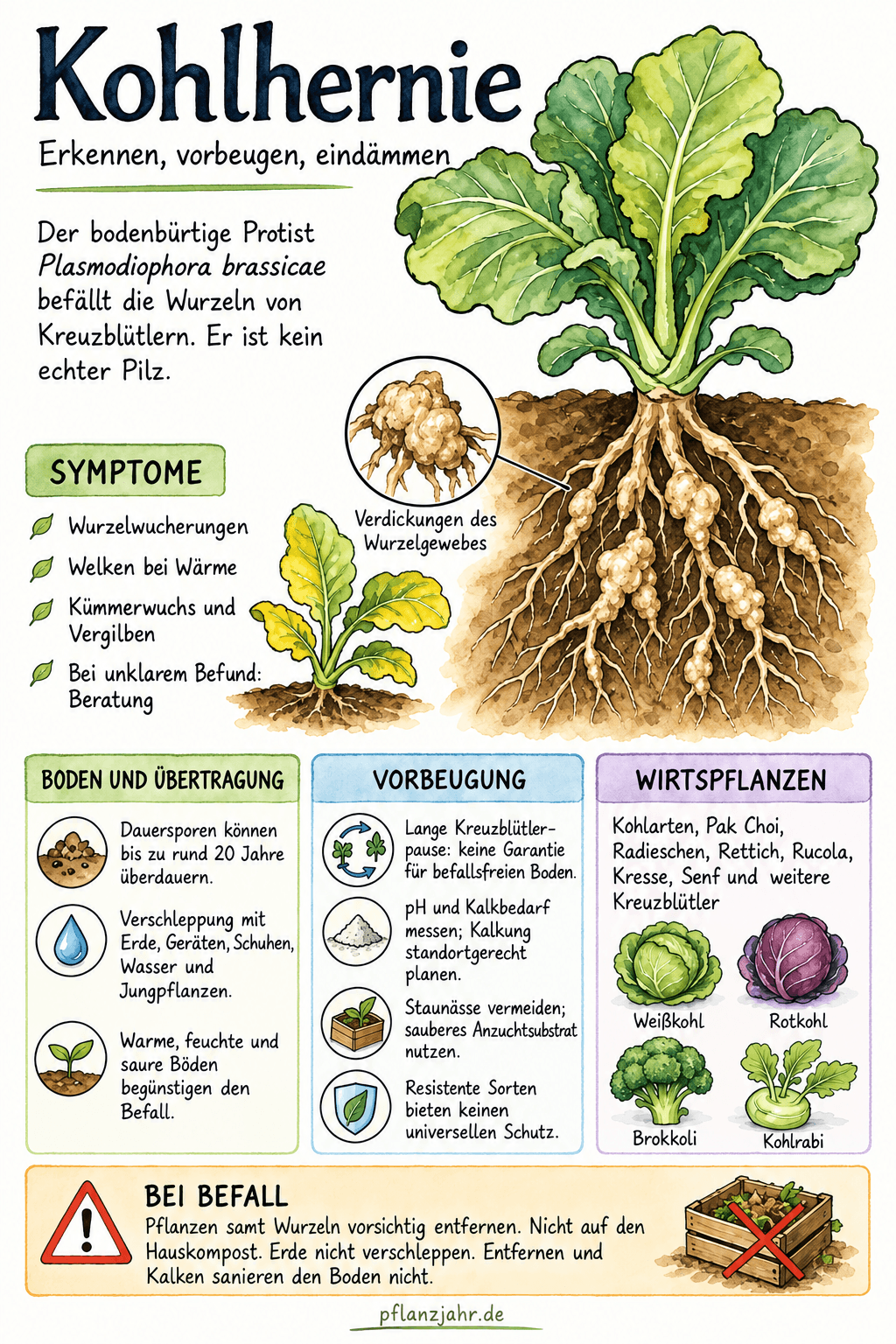Infografik zur Kohlhernie mit typischen Symptomen, warmer und feuchter Bodenumgebung, Hygiene sowie Grenzen von Anbaupause, Kalkung und Sortenresistenz