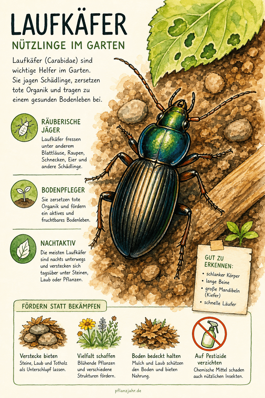 Infografik: Laufkäfer — die nachtaktiven Bodenjäger deines Gartens