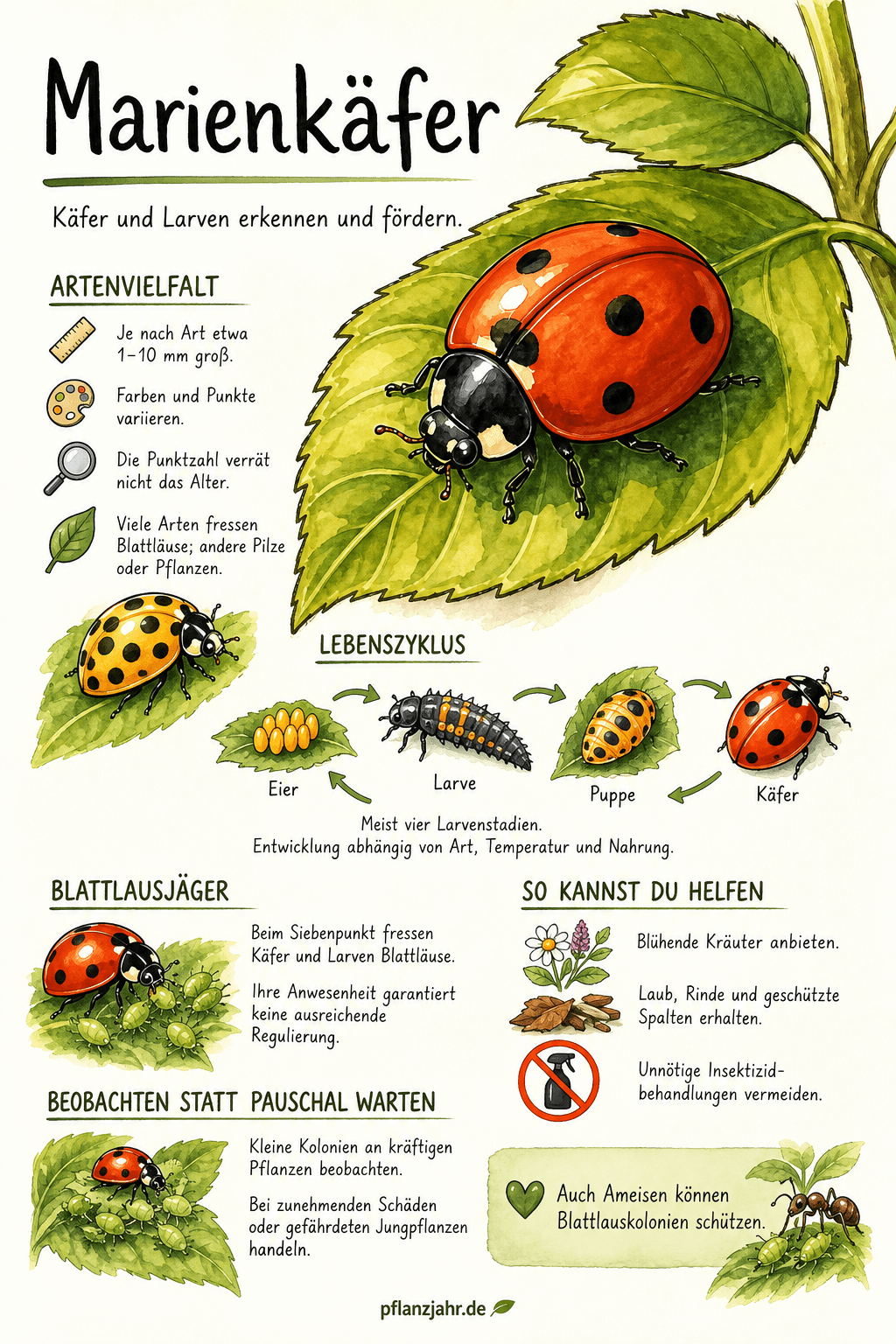 Infografik zu Marienkäferarten, Ei, Larve, Puppe und Käfer sowie Förderung und Grenzen beim Abwarten auf natürliche Gegenspieler
