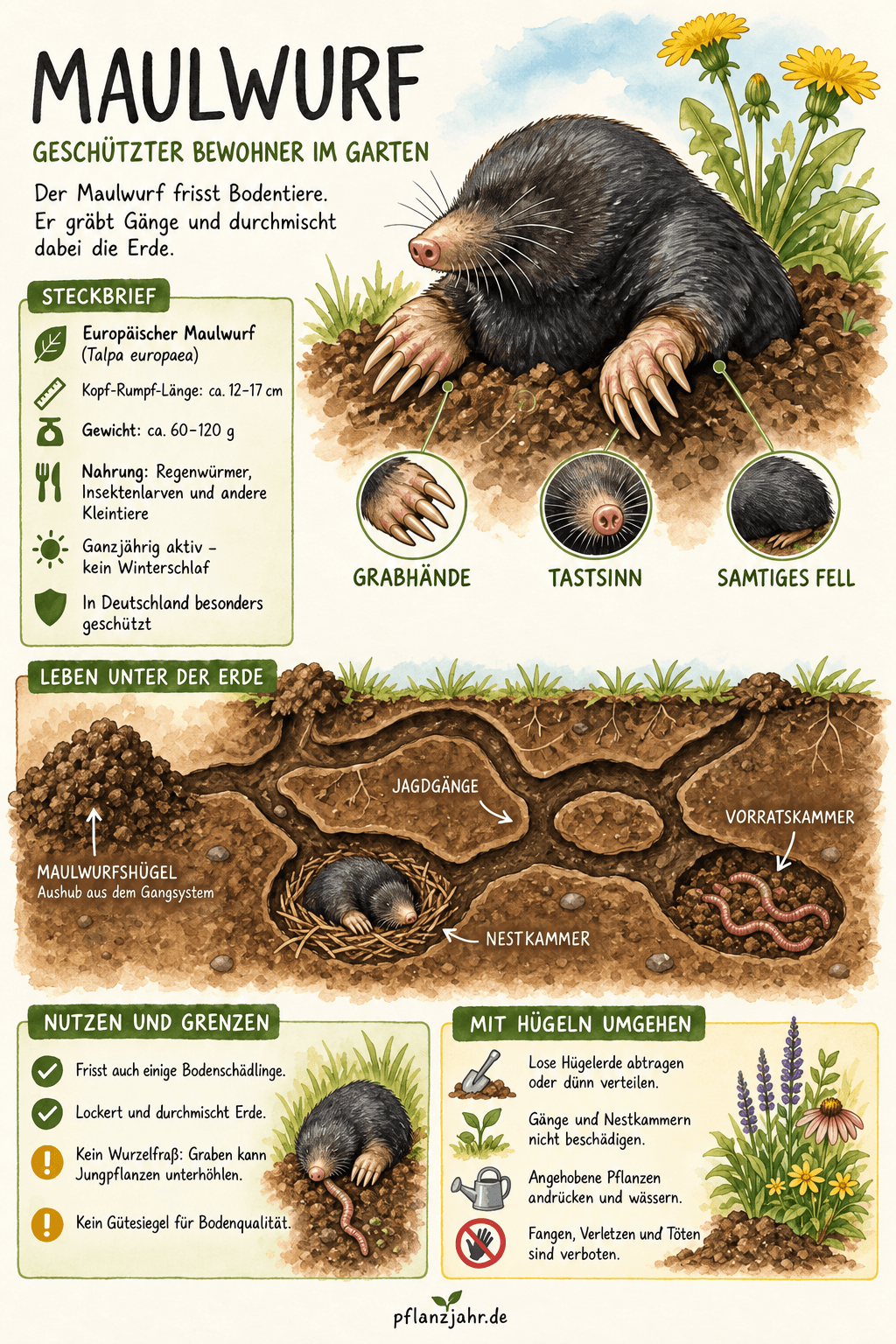 Infografik zum Europäischen Maulwurf: Körperbau, tierische Nahrung, Gangsystem, möglicher Grabeschaden und besonderer Schutz in Deutschland