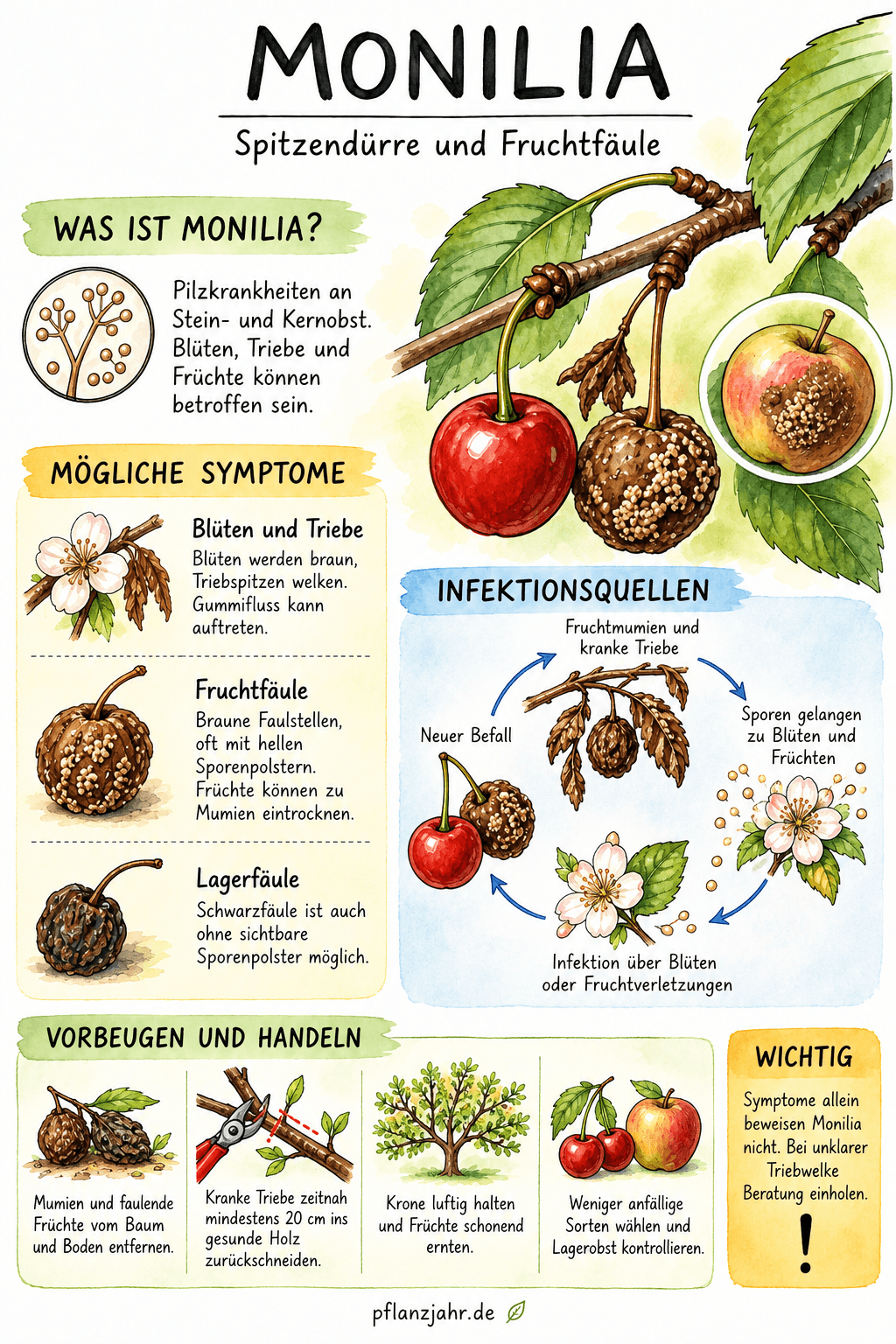 Infografik zu Monilia an Stein- und Kernobst: mögliche Symptome, Überwinterung in Fruchtmumien und kranken Trieben sowie Maßnahmen zur Vorbeugung