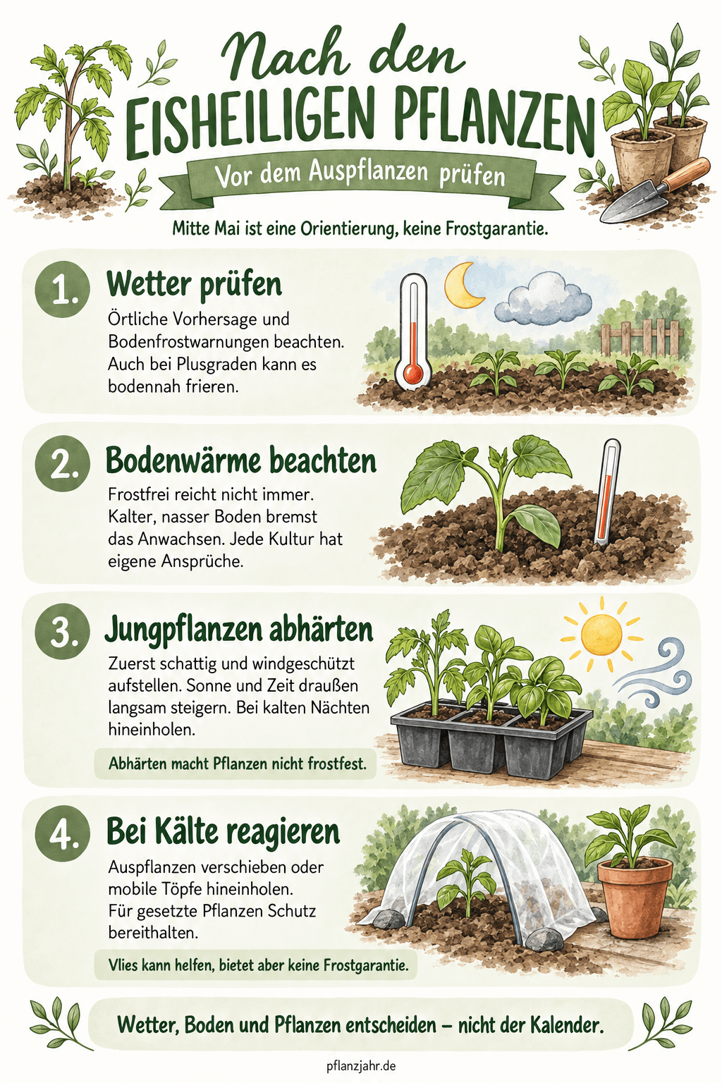 Pflanz-Checkliste nach den Eisheiligen: örtliches Wetter und Bodenfrost prüfen, Bodenwärme beachten, Jungpflanzen abhärten und Schutz bei Kälte bereithalten