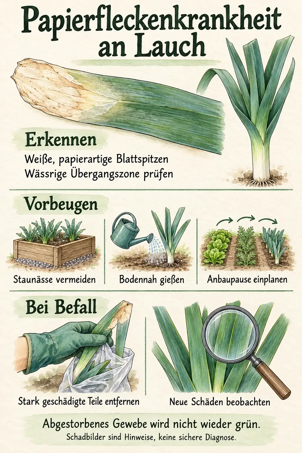 Infografik zur Papierfleckenkrankheit an Lauch: papierartige Spitzen und wässrige Übergangszonen prüfen, Staunässe vermeiden, bodennah gießen, Anbaupausen planen und neue Schäden beobachten