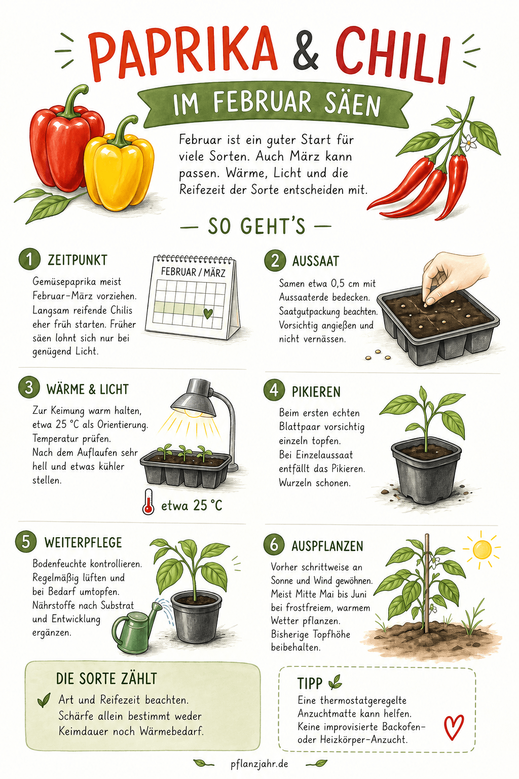 Paprika und Chili vorziehen: Termin nach Sorte wählen, warm keimen lassen, danach sehr hell stellen, pikieren und vor dem Auspflanzen abhärten.