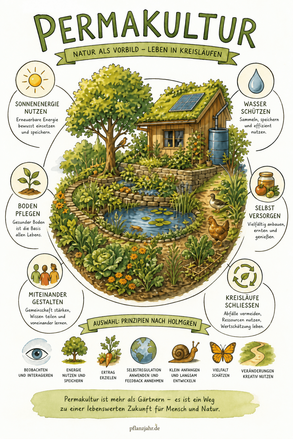 Infografik zur Permakultur mit Gartenbeispielen und sieben ausgewählten Gestaltungsprinzipien nach Holmgren