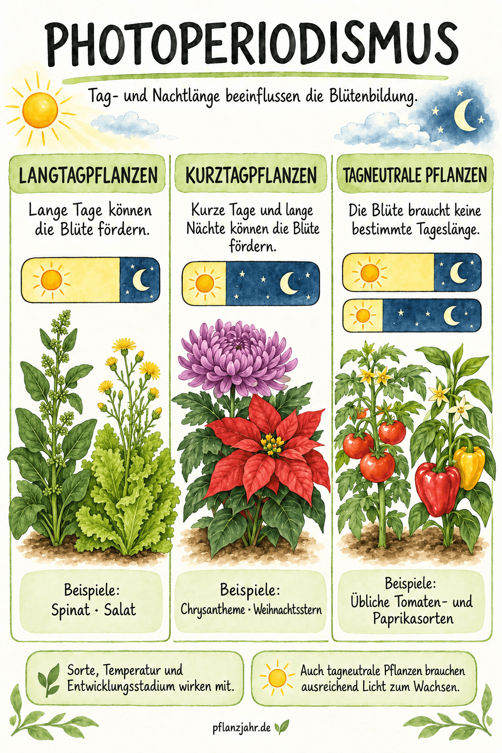 Infografik zu Langtagpflanzen wie Spinat und Salat, Kurztagpflanzen wie Chrysantheme und Weihnachtsstern sowie tagneutralen Tomaten- und Paprikasorten; jeweils mit Tag-Nacht-Balken