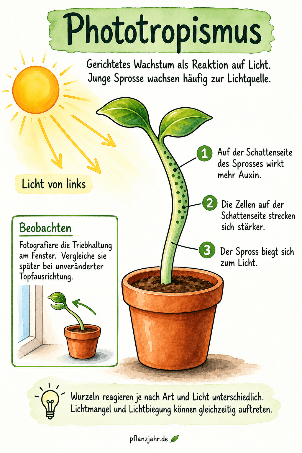Spross biegt sich nach links zur Lichtquelle: stärkere Auxinwirkung und Zellstreckung auf der rechten Schattenseite; Lichtmangel und Lichtbiegung können gleichzeitig auftreten