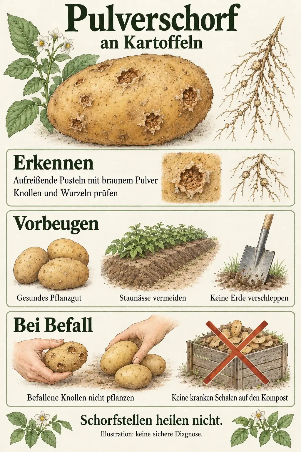 Übersicht zu Pulverschorf an Kartoffeln: Pusteln und Wurzeln prüfen, gesundes Pflanzgut wählen, Staunässe und Erdverschleppung vermeiden, befallene Knollen nicht pflanzen