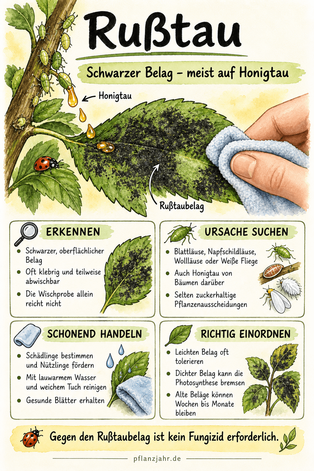 Infografik zu Rußtau: schwarzer Oberflächenbelag meist auf Honigtau, Ursache suchen, Nützlinge fördern und schonend mit Wasser reinigen