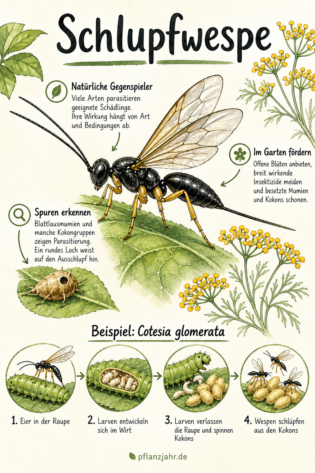 Infografik zu parasitoiden Wespen: Spuren und Förderung sowie die Entwicklung von Cotesia glomerata vom Ei in der Raupe bis zur Wespe aus dem Kokon