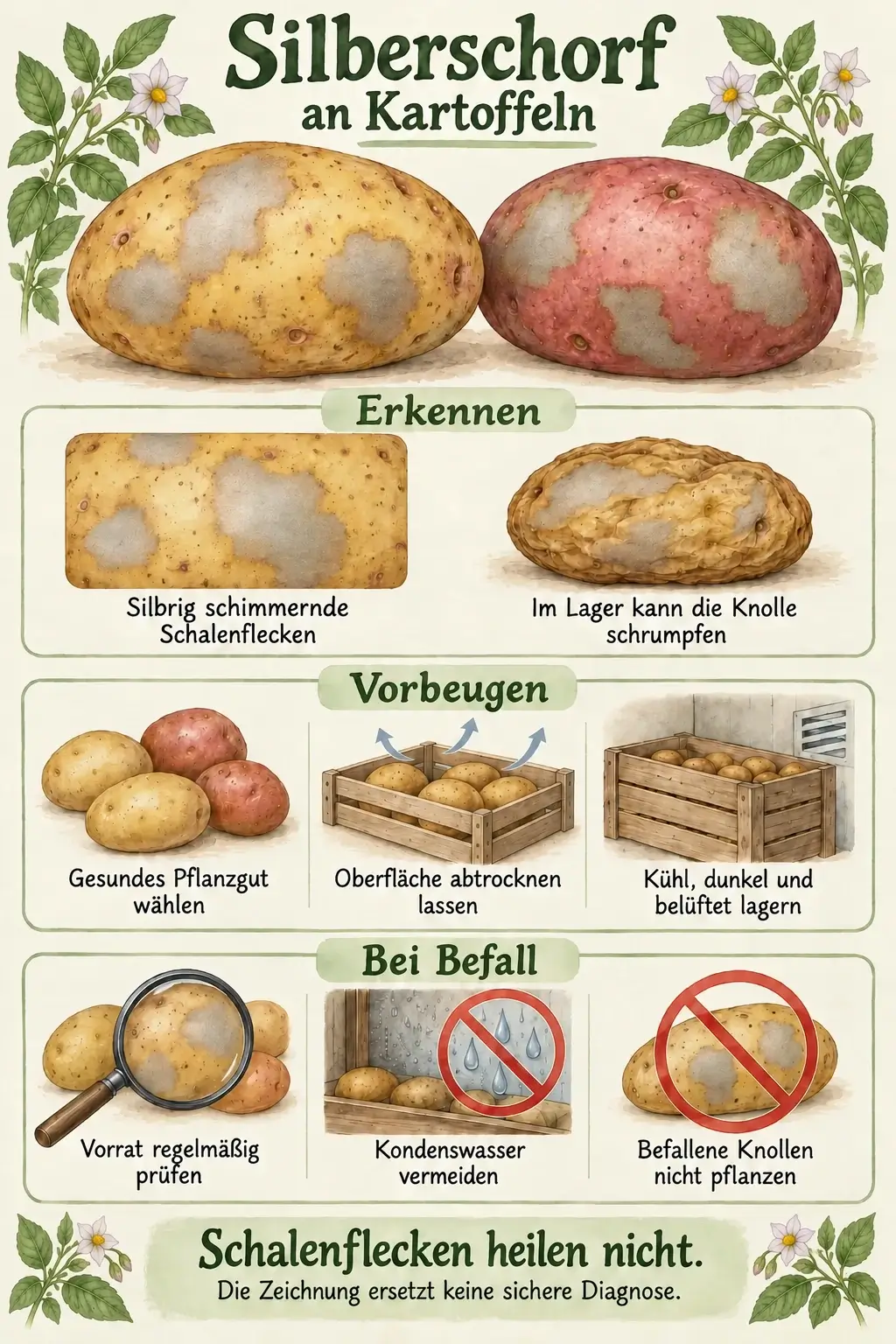 Silberschorf an Kartoffeln im Überblick: silbrige Schalenflecken und Schrumpfen erkennen, gesundes Pflanzgut wählen, Oberflächen abtrocknen, kühl dunkel und belüftet lagern, Vorrat kontrollieren und Kondenswasser vermeiden