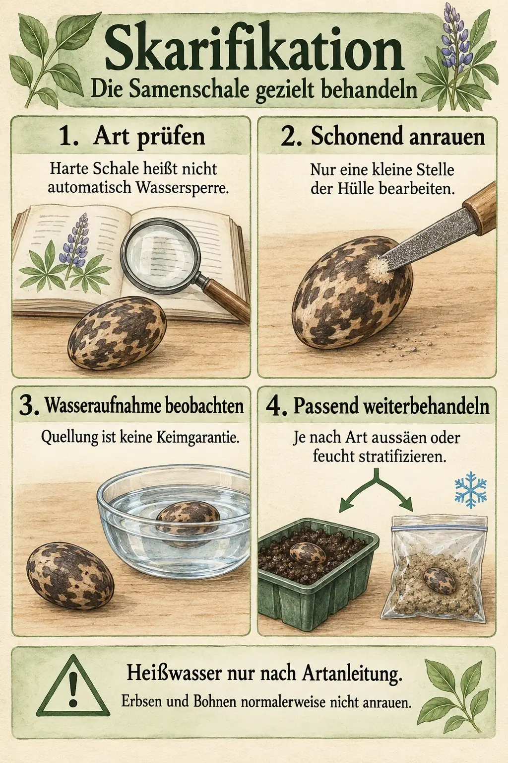 Infografik mit vier Schritten: Art prüfen, die Hülle schonend anrauen, Wasseraufnahme beobachten und passend weiterbehandeln. Quellung ist keine Keimgarantie; Heißwasser nur nach Artanleitung. Erbsen und Bohnen normalerweise nicht anrauen.