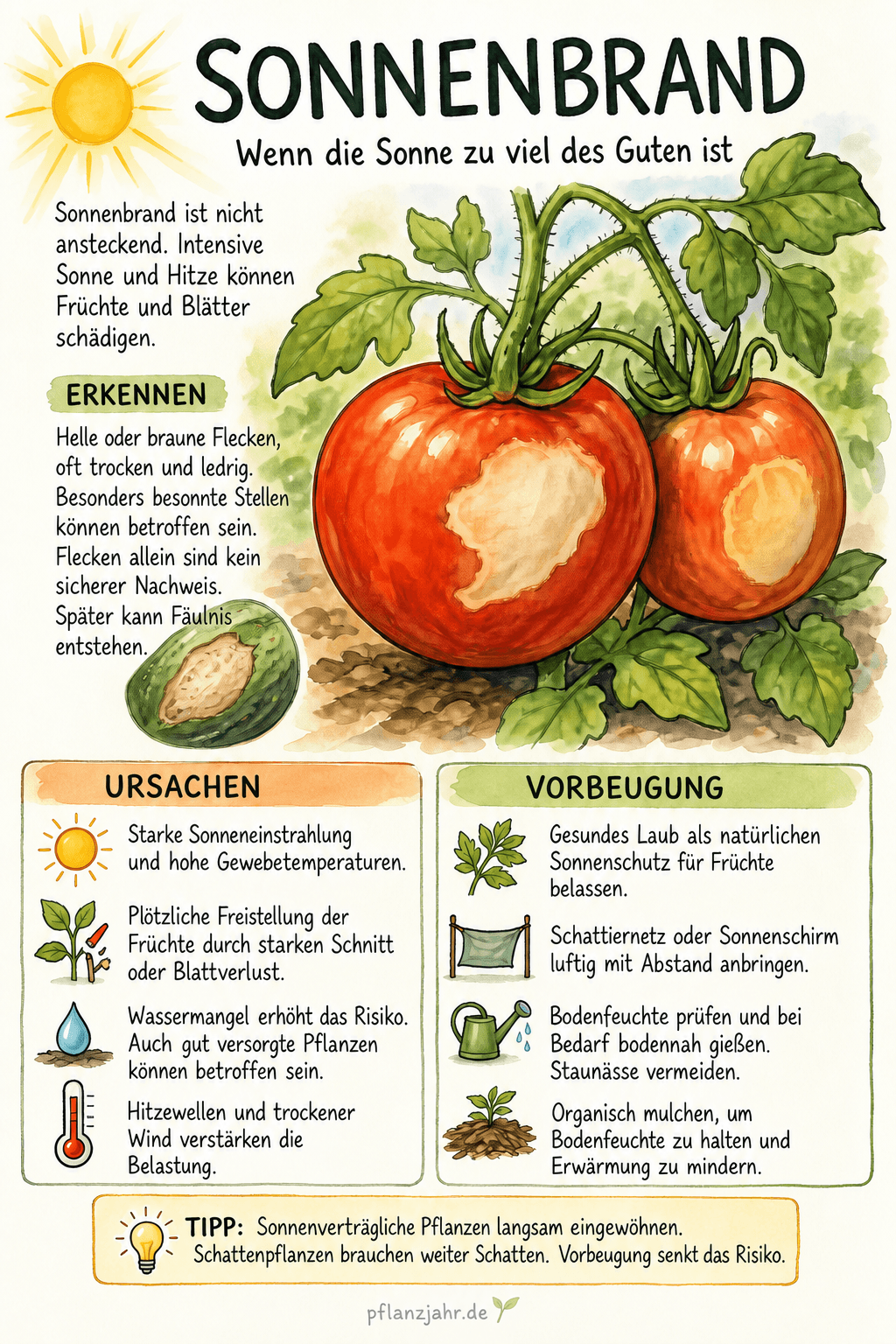 Infografik zu Sonnenbrand an Pflanzen: mögliche Symptome, Risikofaktoren und Vorbeugung durch Laubschutz, luftige Schattierung, bedarfsgerechtes Gießen und Mulchen