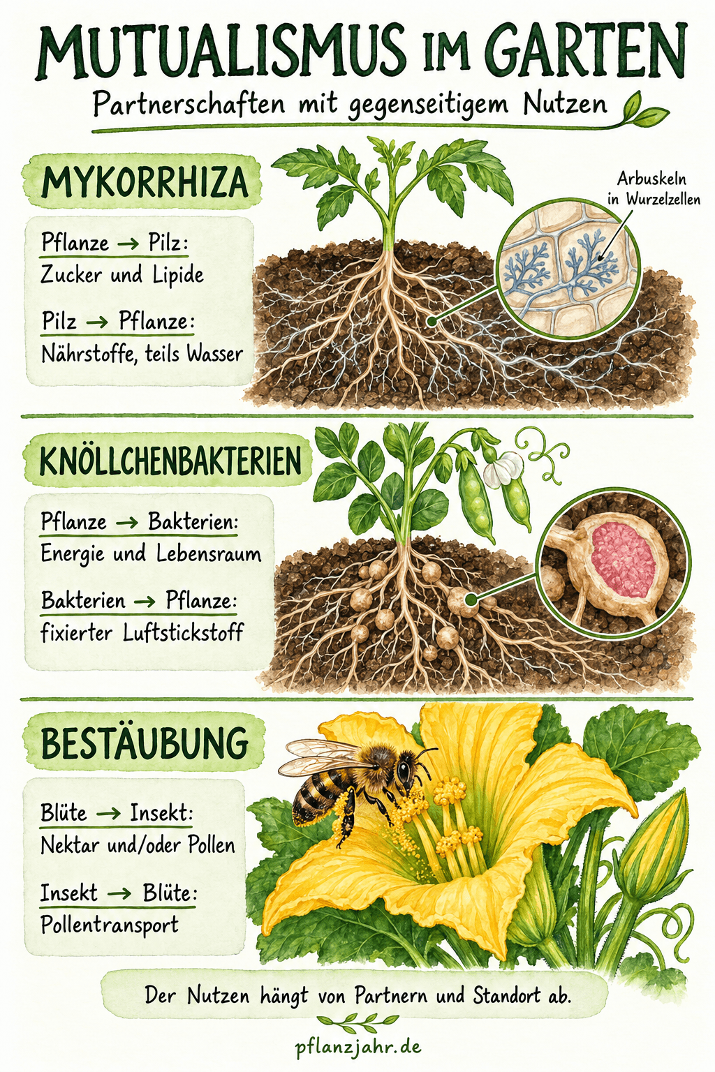 Mutualismus im Garten: Pflanzen liefern Pilzen Kohlenstoff und Knöllchenbakterien Energie; Pilze erschließen Nährstoffe, Bakterien fixieren Luftstickstoff. Blüten bieten Nahrung, Insekten übertragen Pollen.