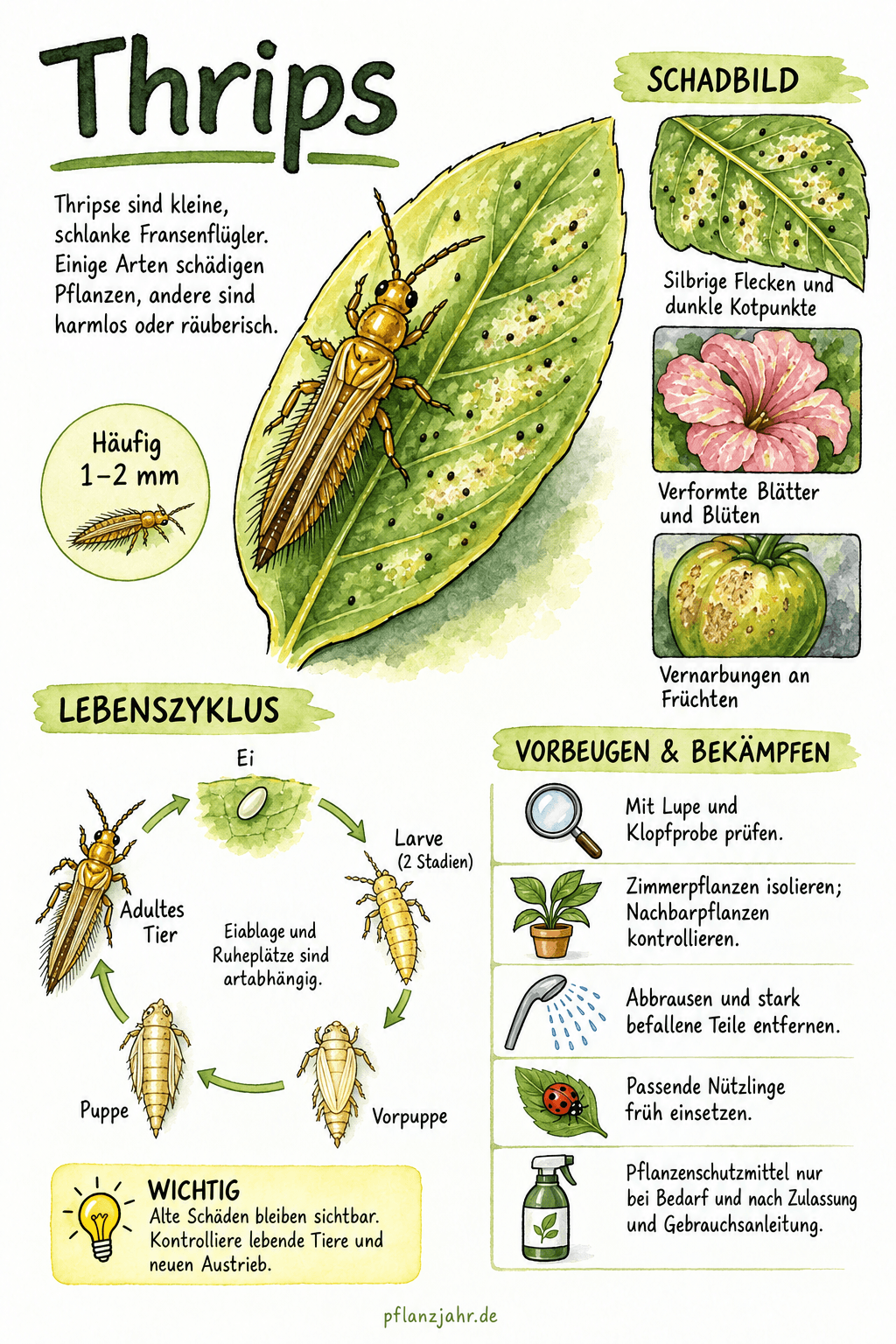 Infografik über Thripse: typische Schäden, Ei, zwei Larvenstadien, Vorpuppe, Puppe und adultes Tier sowie abgestufte Maßnahmen