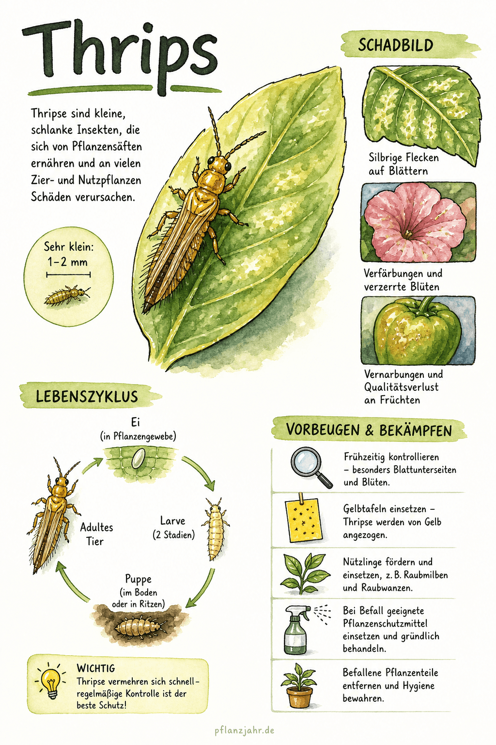 Infografik: Thrips — der winzige Blasenfuß mit dem silbrigen Saugschaden