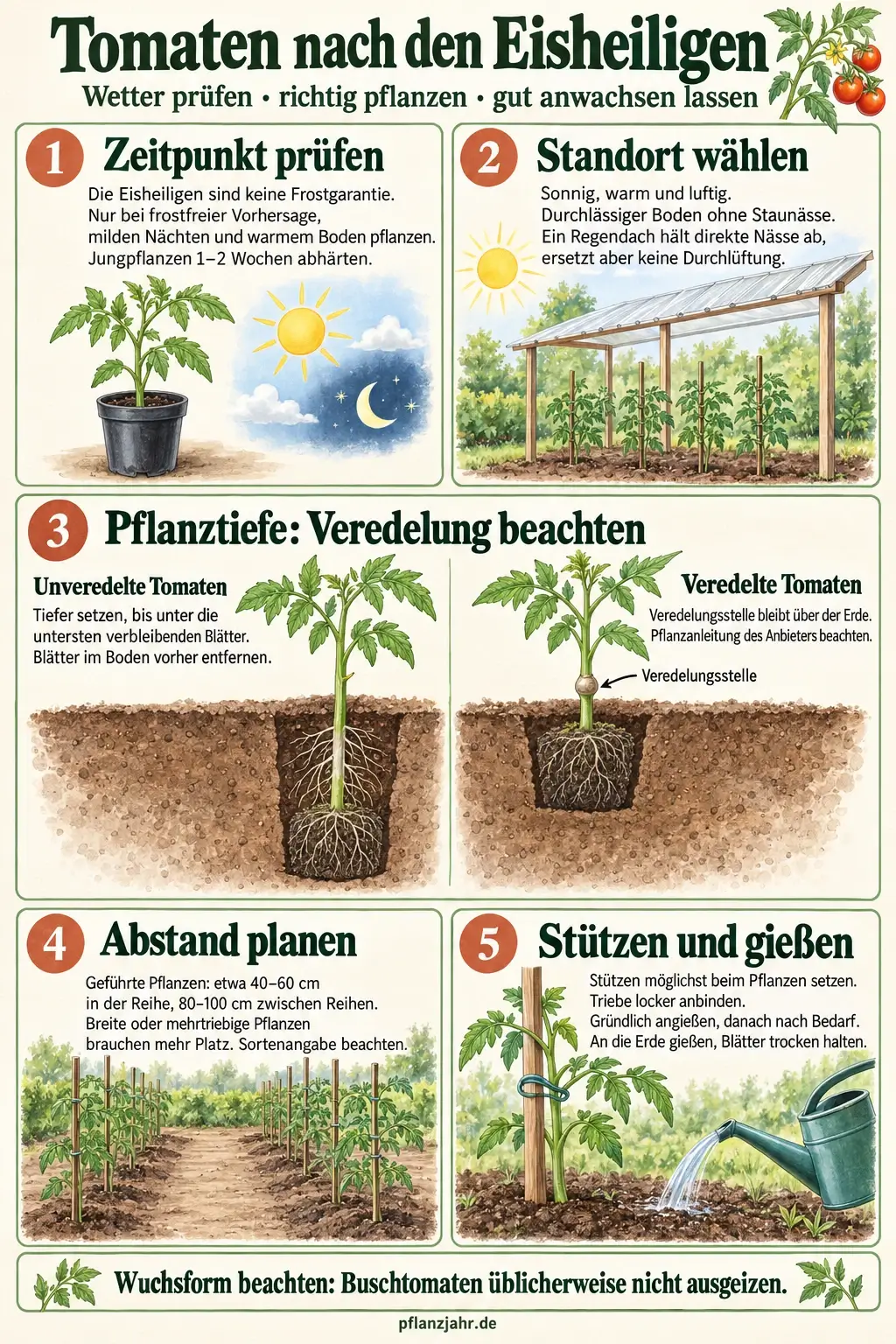 Tomaten auspflanzen: frostfreie Vorhersage und warmen Boden abwarten, Jungpflanzen abhärten und einen sonnigen, luftigen Standort wählen. Unveredelte Pflanzen tiefer setzen; bei veredelten Tomaten bleibt die Veredelungsstelle über der Erde. Abstand nach Wuchsform planen, früh stützen und nach Bedarf an die Erde gießen.