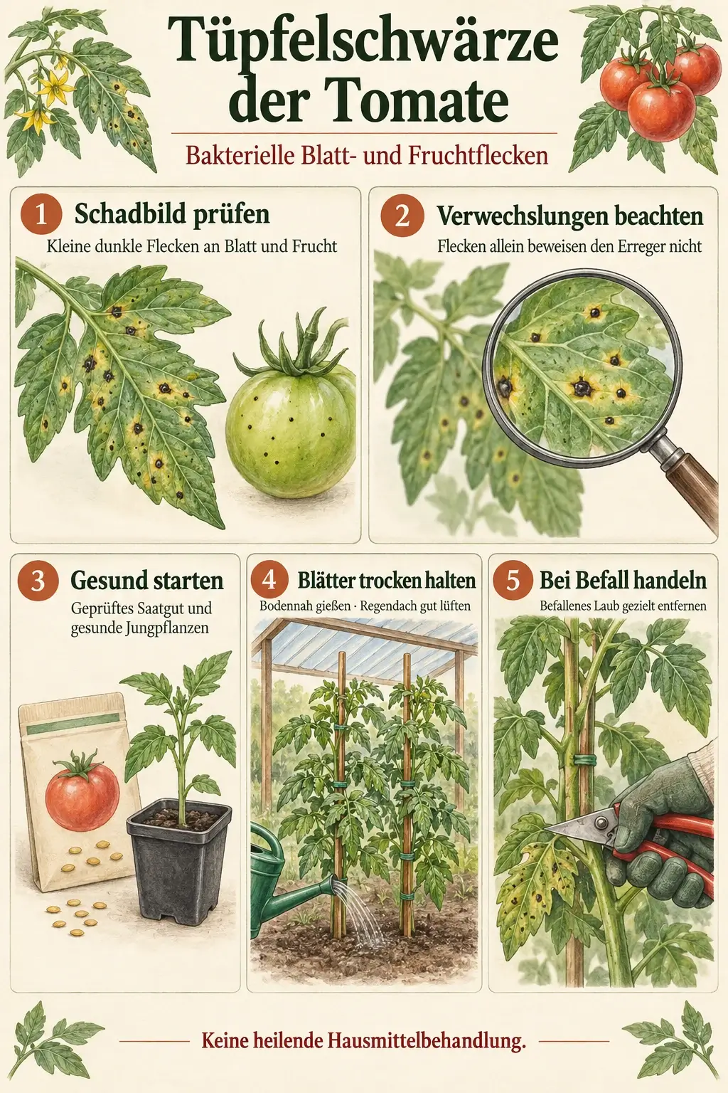 Übersicht zur Tüpfelschwärze der Tomate: Schadbild prüfen, Verwechslungen beachten, gesundes Saatgut wählen, Blätter trocken halten und befallenes Laub gezielt entfernen
