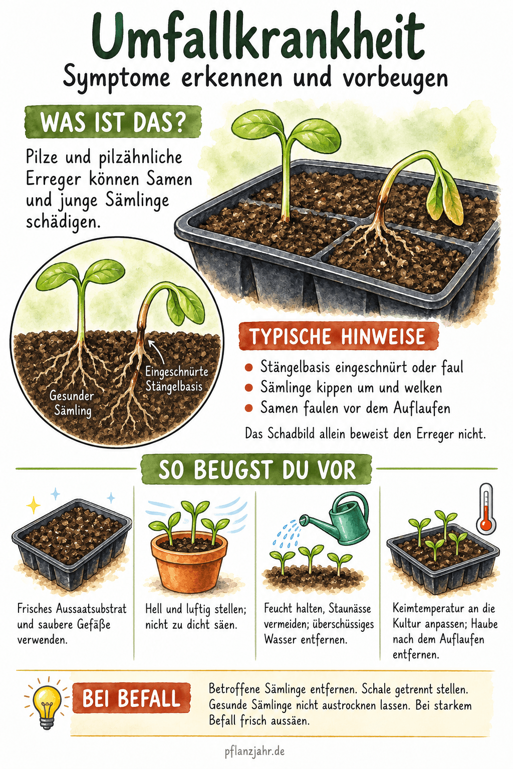 Infografik mit Hinweisen auf Umfallkrankheit, vier Vorbeugemaßnahmen und Soforthilfe ohne Austrocknen der übrigen Sämlinge