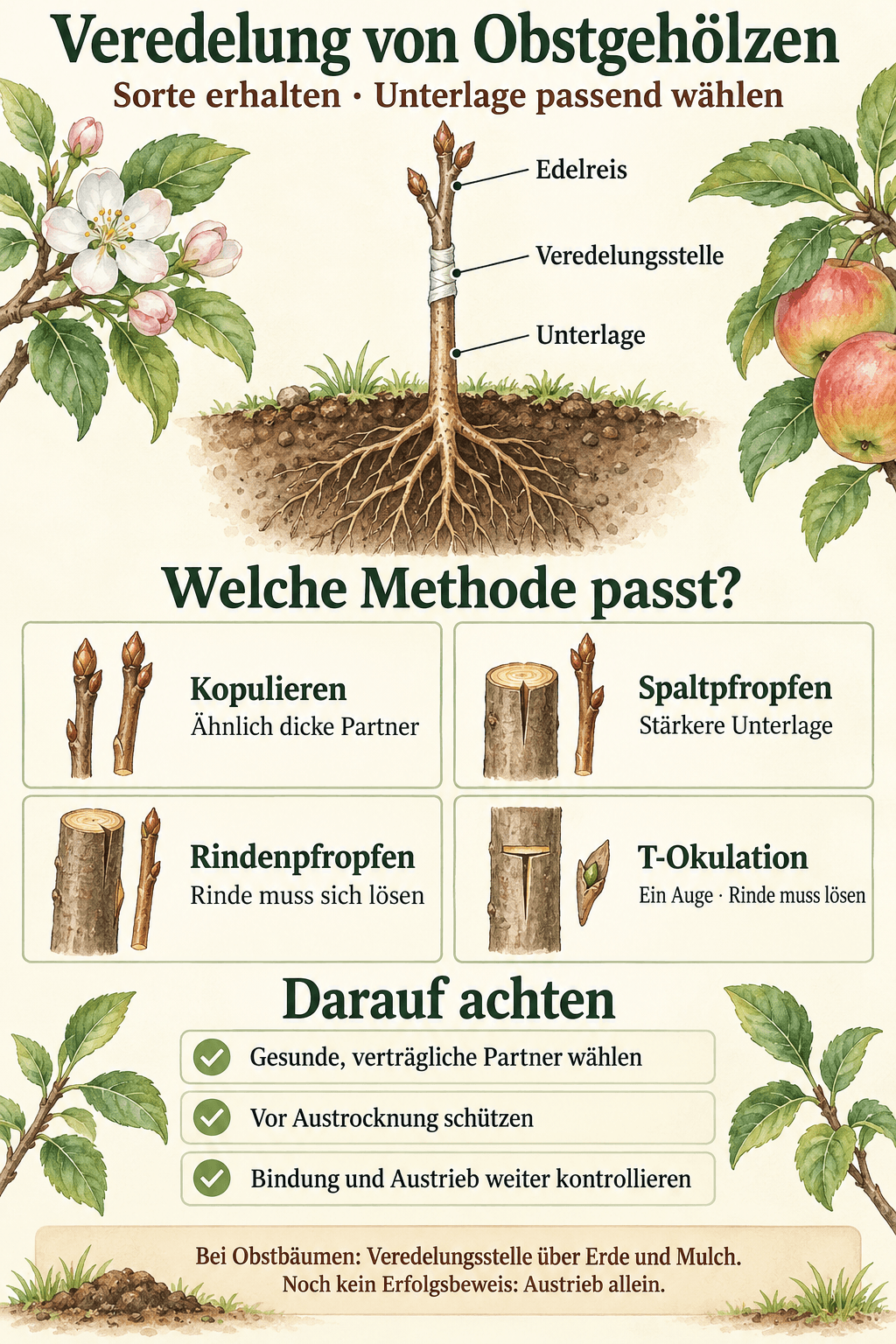 Übersicht zur Obstveredelung: Edelreis, Veredelungsstelle und Unterlage, vier Methoden sowie Hinweise zu Verträglichkeit, Austrocknungsschutz und Nachpflege