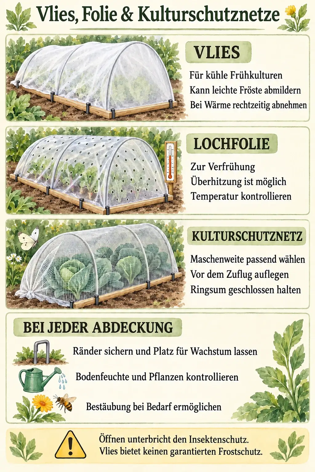 Übersicht zu Vlies, Lochfolie und Kulturschutznetz: kühle Frühkulturen schützen, Überhitzung kontrollieren, passende Maschenweite wählen und Netze ringsum schließen; Hinweise zu Befestigung, Pflege und Bestäubung