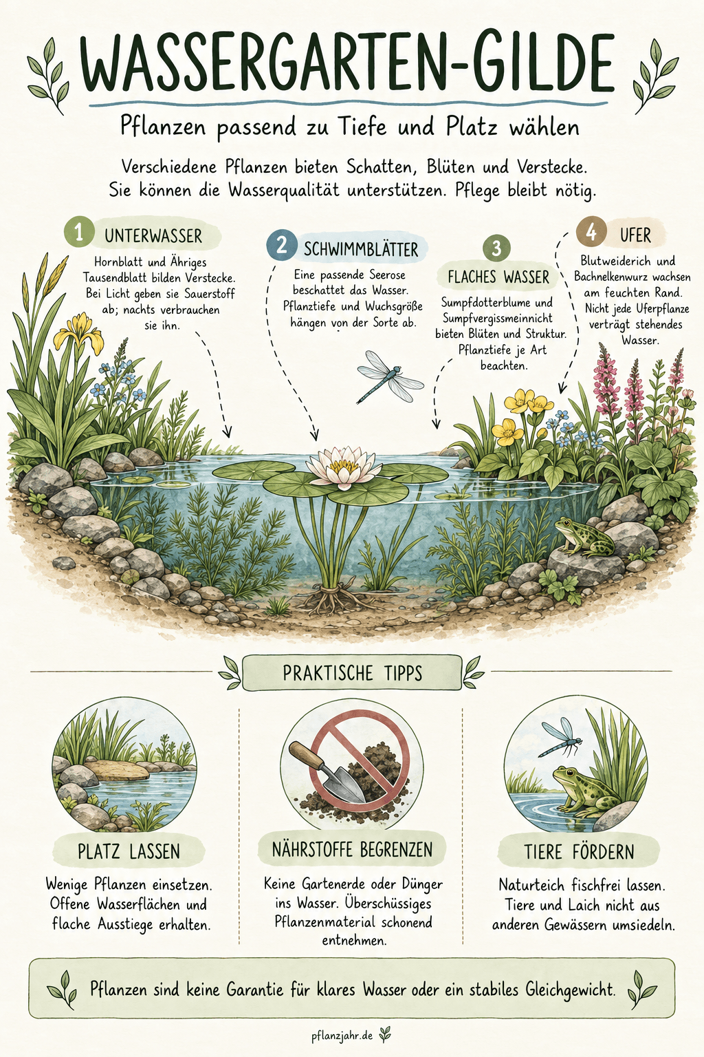 Infografik zu Unterwasserpflanzen, Schwimmblättern, flachen Pflanzzonen und Uferstauden sowie zu Platzbedarf, Nährstoffbegrenzung und Tierförderung