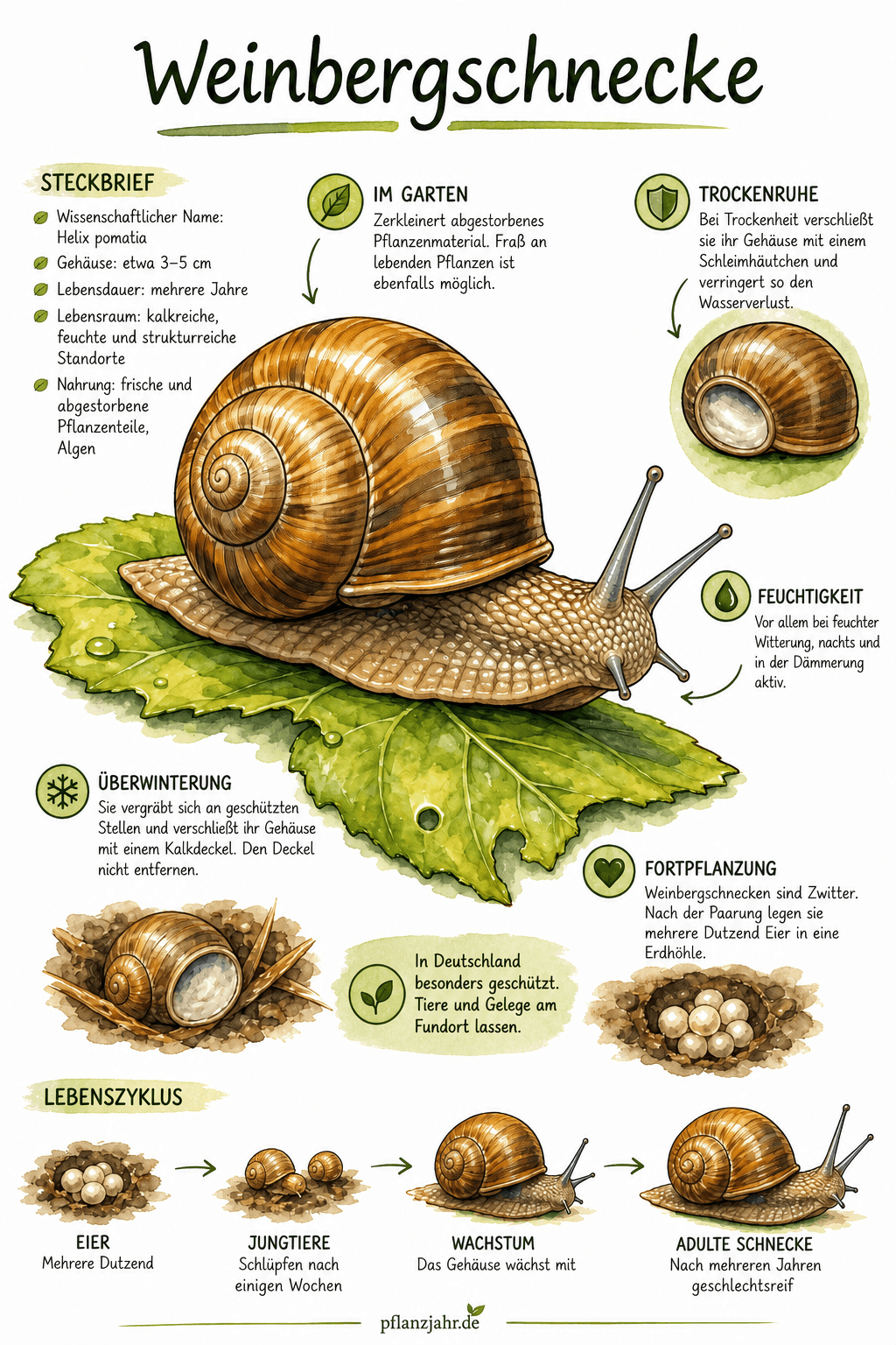 Infografik zur Weinbergschnecke: Merkmale, Nahrung, Trockenruhe, Überwinterung, Fortpflanzung und Artenschutz