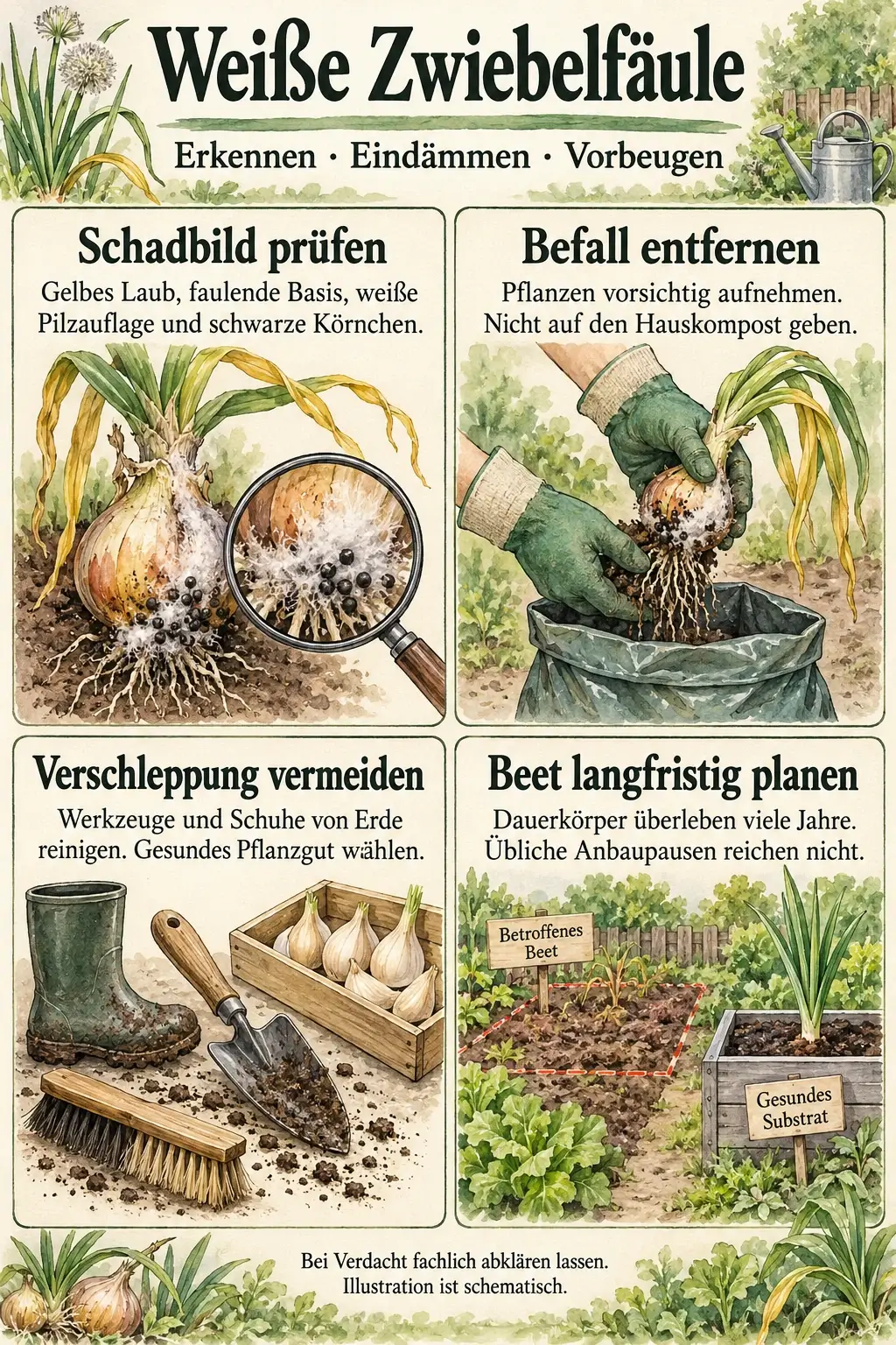 Übersicht zur Weißen Zwiebelfäule: Schadbild prüfen, befallene Pflanzen entfernen, Erde nicht verschleppen und das Beet langfristig planen