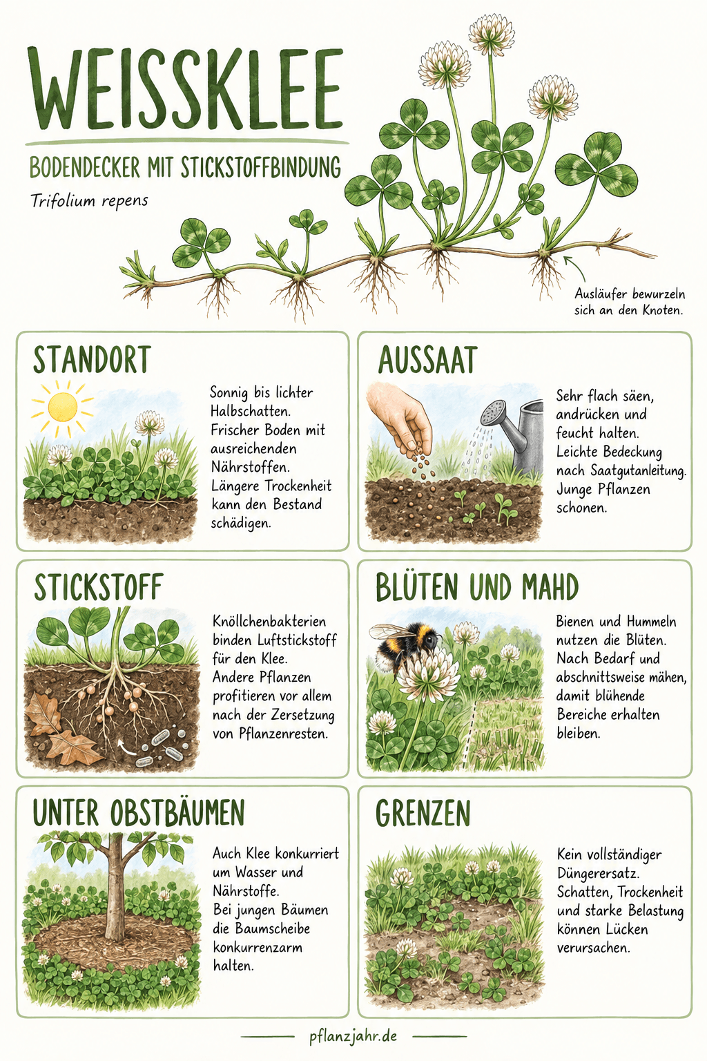 Infografik zu Weißklee: bewurzelnde Ausläufer, feuchter Standort, flache Aussaat, Stickstoffbindung, blütenerhaltende Mahd und Konkurrenz zu Obstbäumen