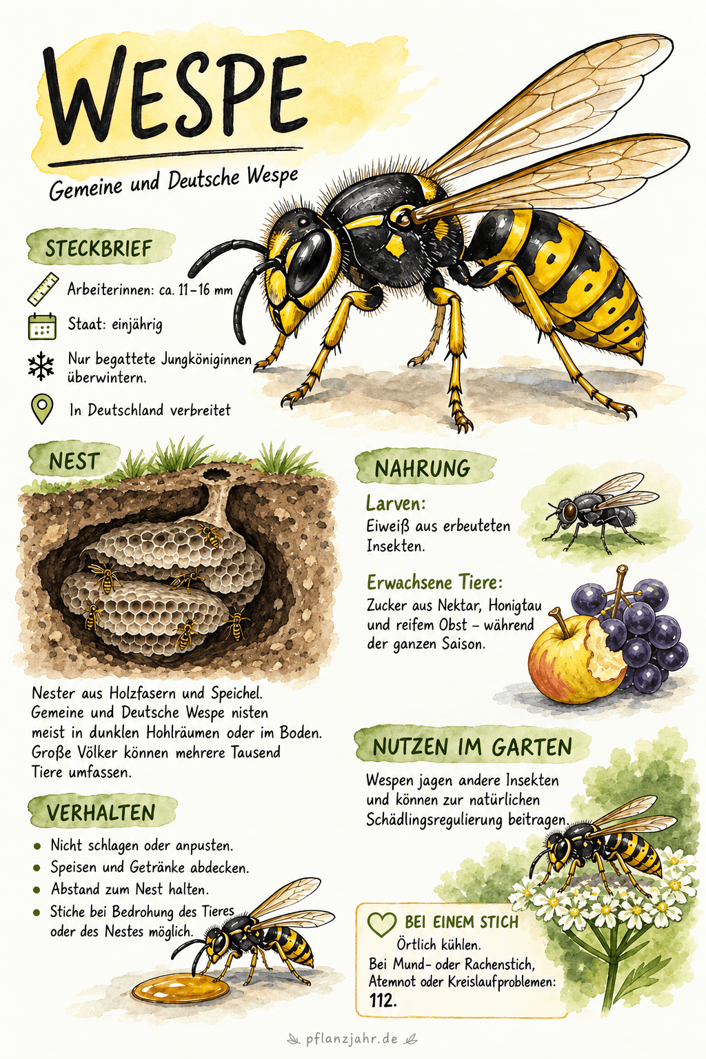 Infografik zu Gemeiner und Deutscher Wespe: Arbeiterinnen etwa 11 bis 16 Millimeter, verborgene Nester, Eiweiß für Larven, Zucker für Erwachsene und sichere Verhaltensregeln