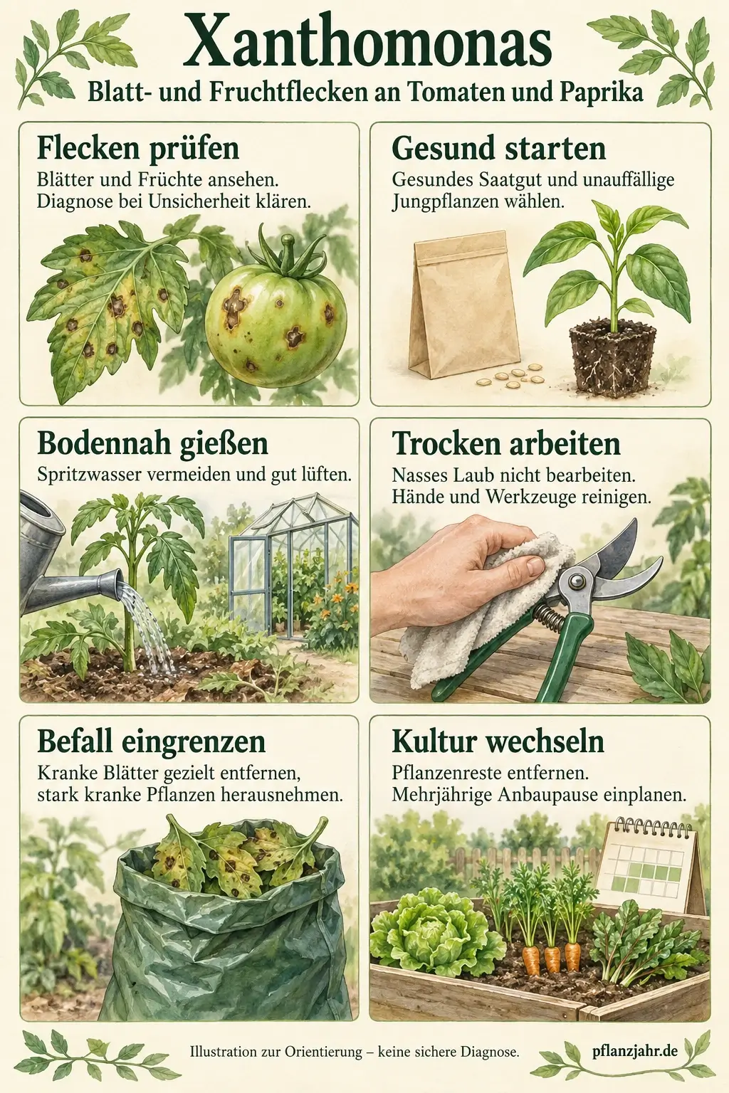Infografik zu Xanthomonas an Tomaten und Paprika: Flecken prüfen, gesundes Saatgut wählen, bodennah gießen, trocken arbeiten, Befall entfernen und Kultur wechseln