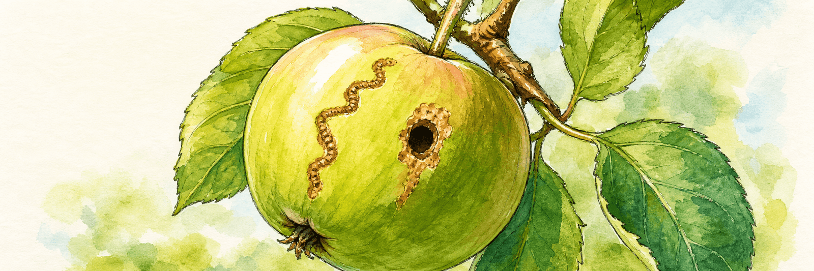 Junger Apfel mit verkorkter, schlangenlinienförmiger Fraßnarbe außen und einem Loch bis ins Kerngehäuse