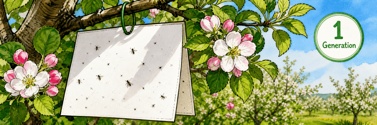 Weiße Leimtafel hängt zur Blütezeit im Apfelbaum, Hinweis auf nur eine Generation pro Jahr