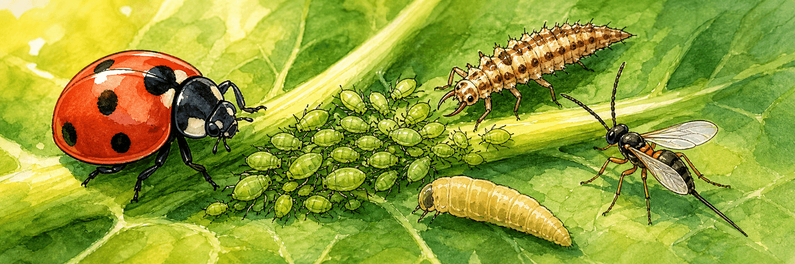 Illustration einer Blattlauskolonie mit Marienkäfer, Florfliegenlarve, Schwebfliegenlarve und parasitoider Wespe