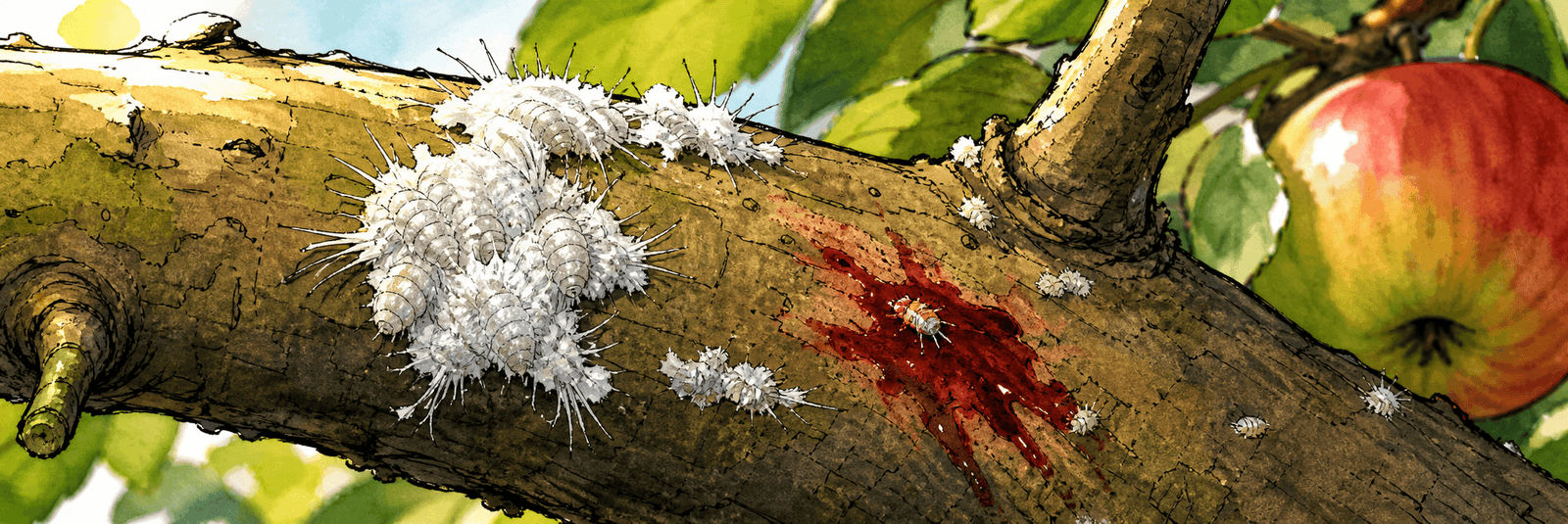 Weiße Wollbeläge an der Apfelrinde, daneben ein roter Schmierfleck einer zerdrückten Laus