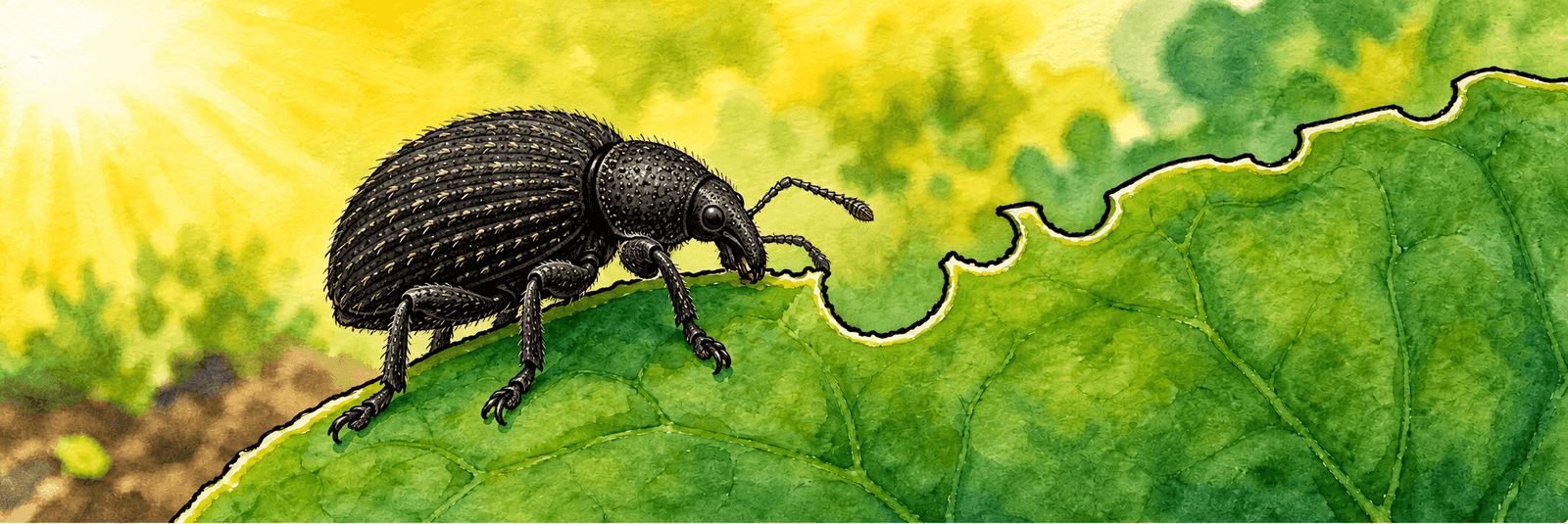 Illustration eines Gefurchten Dickmaulrüsslers mit kurzem, breitem Rüssel auf einem Blatt mit halbrunden Randbuchten
