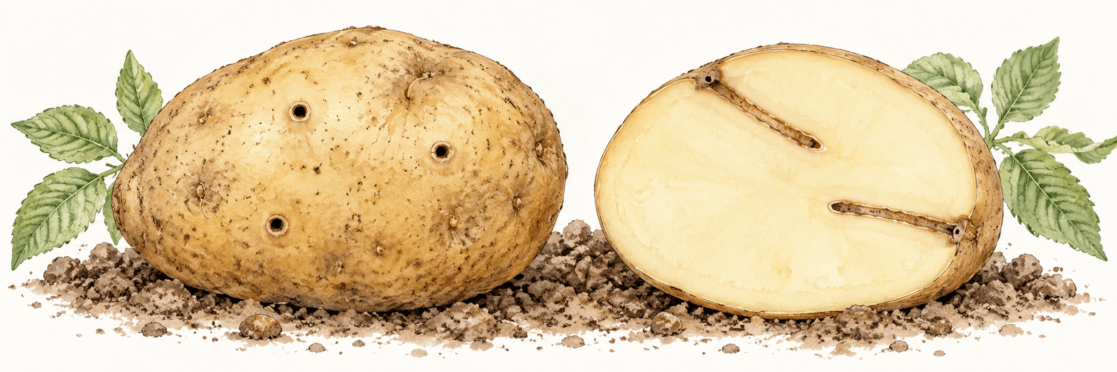 Schematische Illustration einer Kartoffel mit kleinen runden Bohrlöchern und einer aufgeschnittenen Knolle mit zwei schmalen, getrennten Fraßgängen