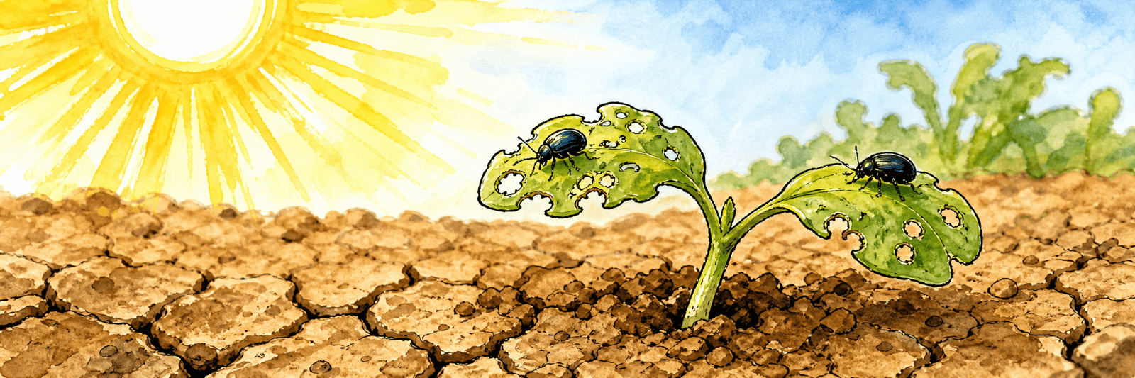Pralle Sonne über trockenem Boden, darunter ein winziger, bereits angefressener Keimling