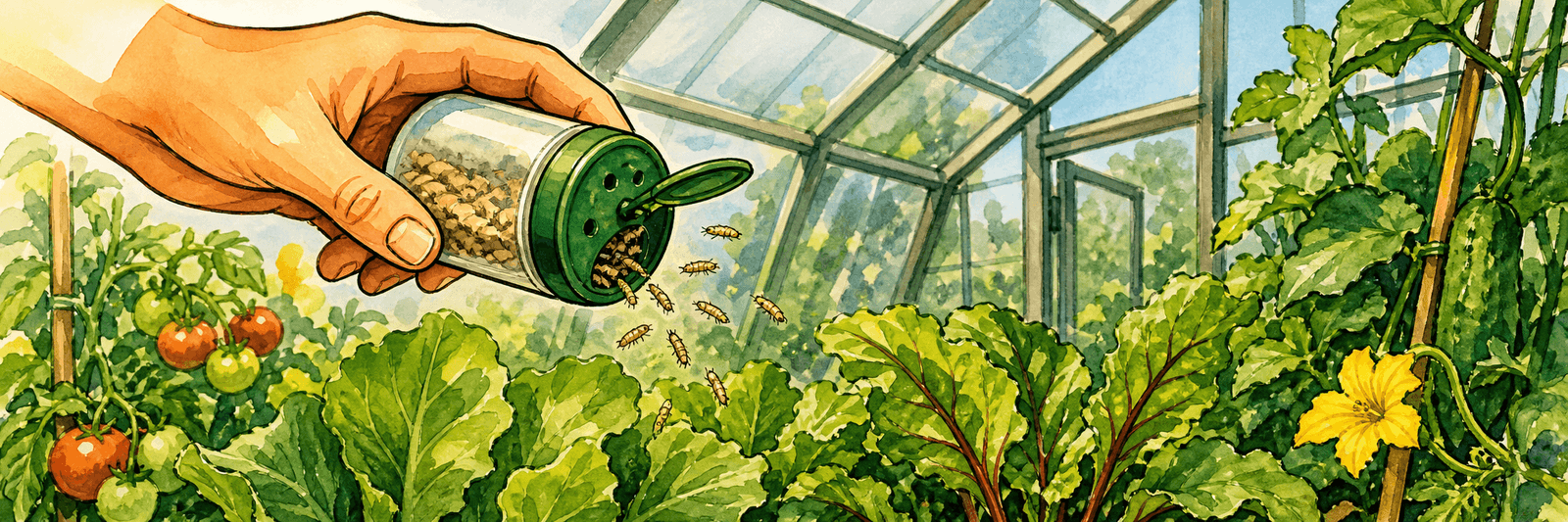 Streudöschen mit Florfliegenlarven wird in einem Gewächshaus über die Pflanzen ausgebracht